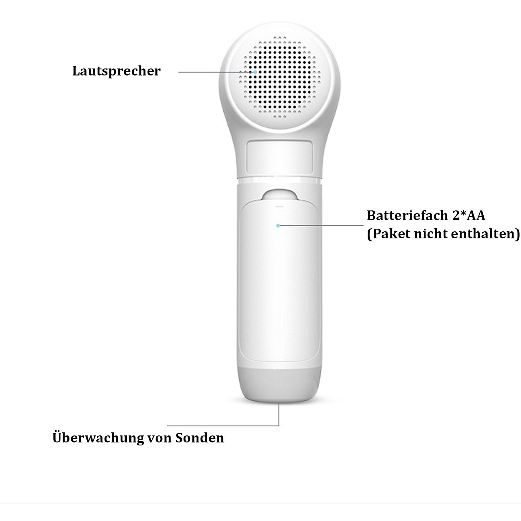 Weißes medizinisches Gerät mit Lautsprecher, Batteriefach und Sondenüberwachungsbereich. Auf Deutsch beschriftet.