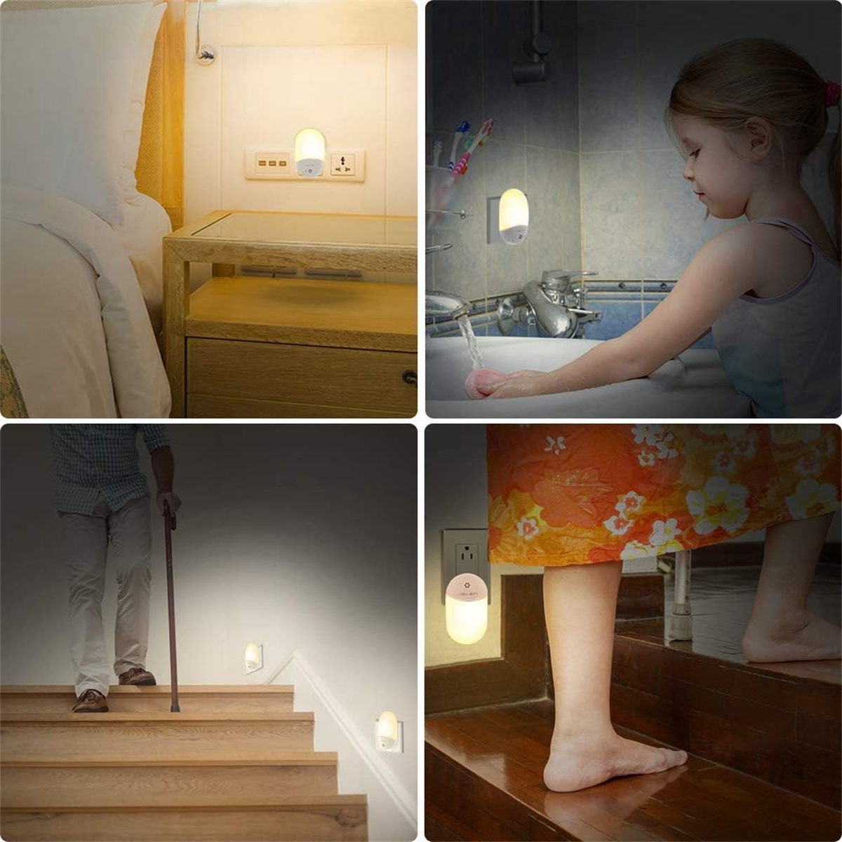 Eine Collage von Bildern, die Nachtlichter in verschiedenen Umgebungen zeigen: Schlafzimmer, Badezimmer, Treppe und Stecker.