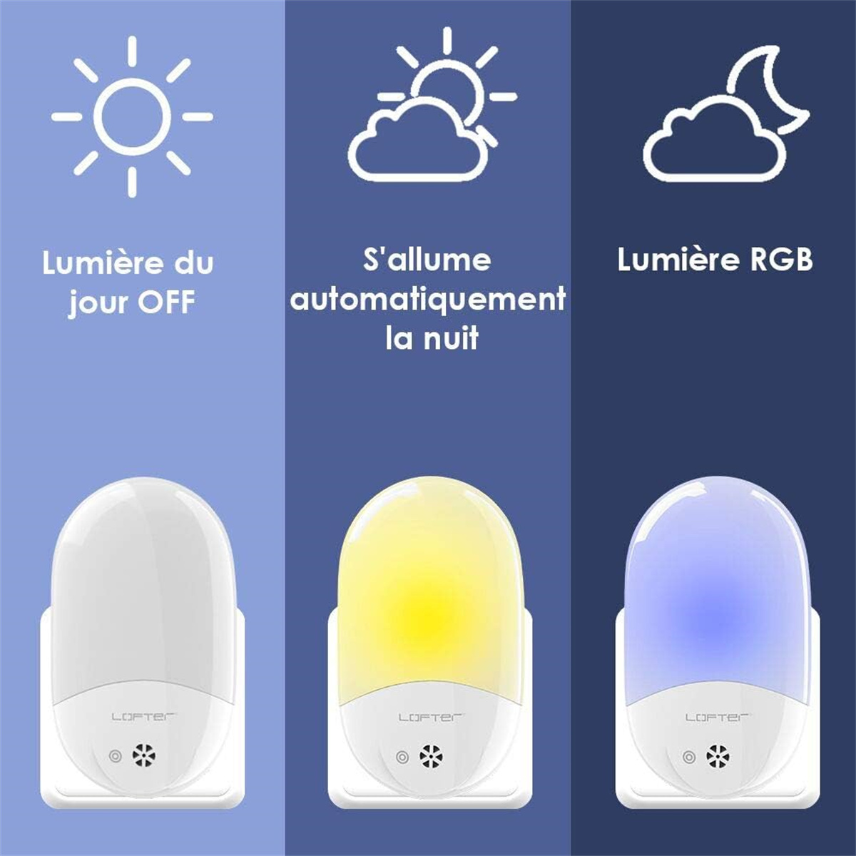 Drei Nachtlichter; weiß, gelb und blau. Jedes hat eine andere Lichtfunktion.