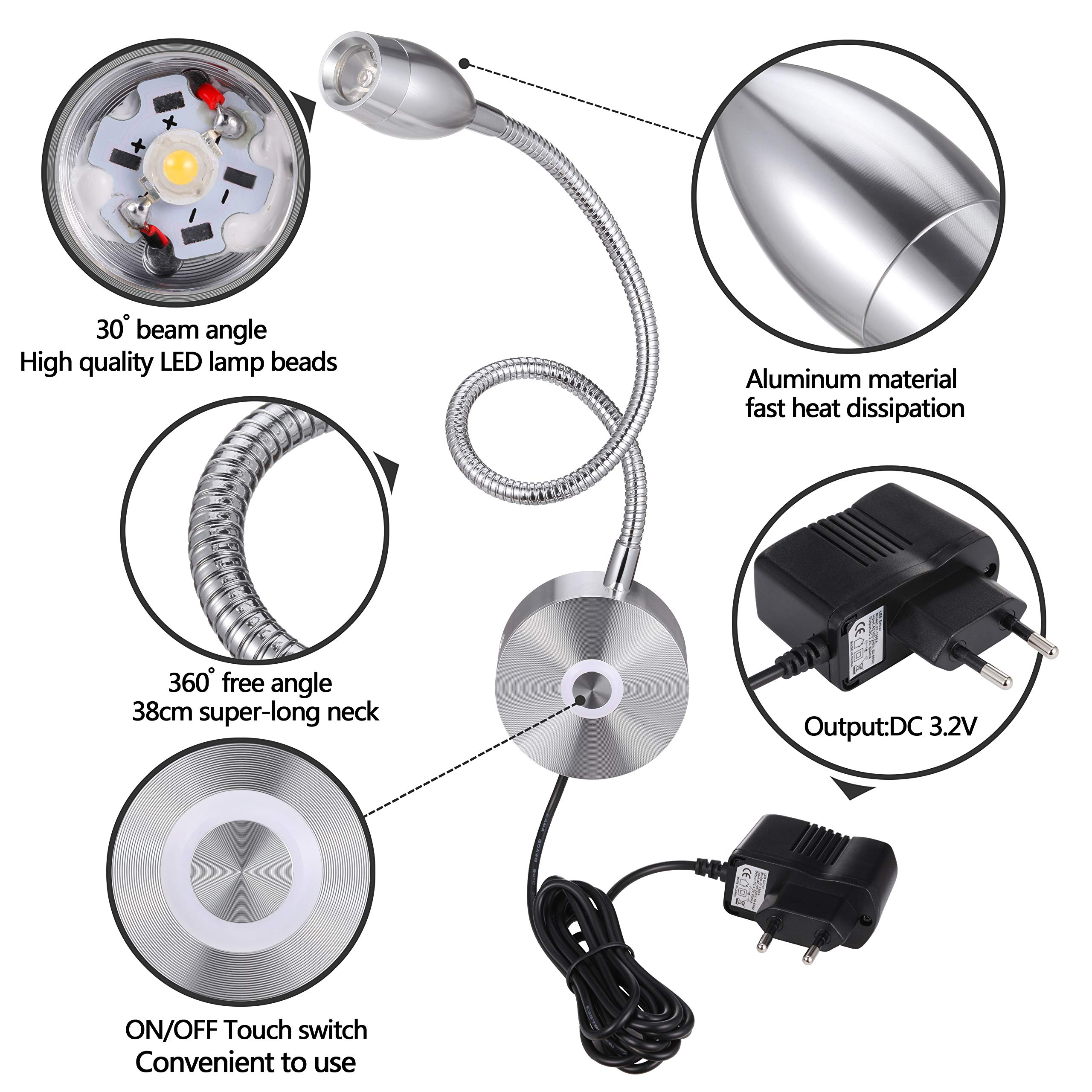 Eine silberne Leselampe mit detaillierten Nahaufnahmen. Sie hat einen flexiblen Hals, LED-Perlen und einen Adapter.
