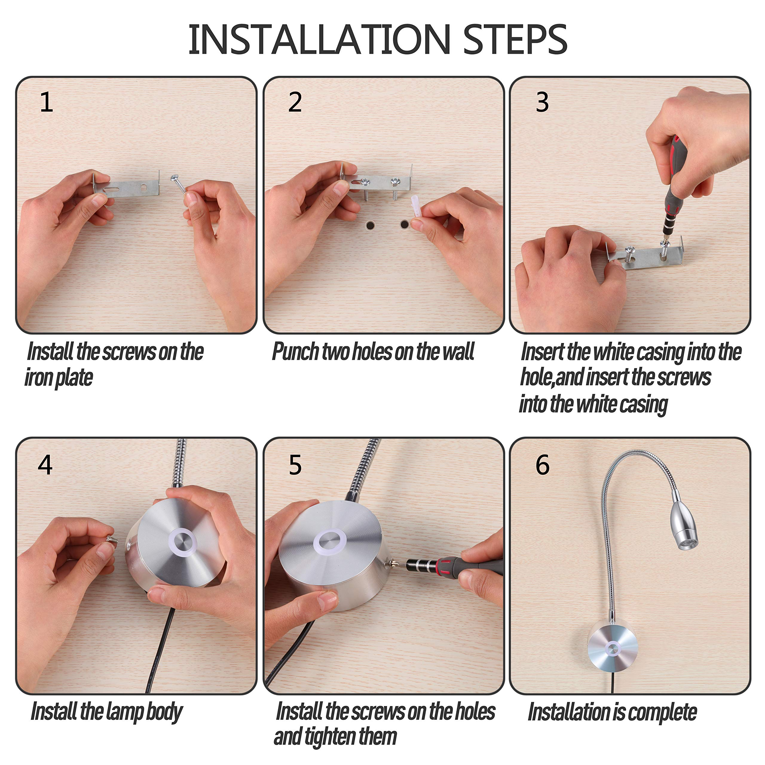 Installationsschritte einer Lampe. Sechs Bilder zeigen, wie man die Lampe an der Wand montiert und installiert.