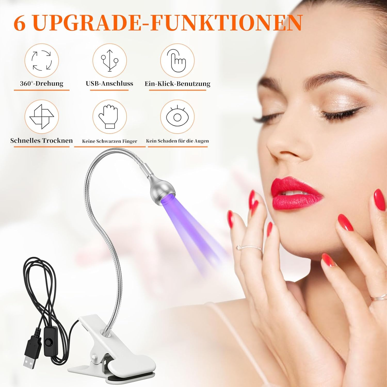Frau mit rotem Lippenstift und Nägeln, benutzt eine Nagellampe. Text hebt sechs Upgrade-Funktionen hervor.
