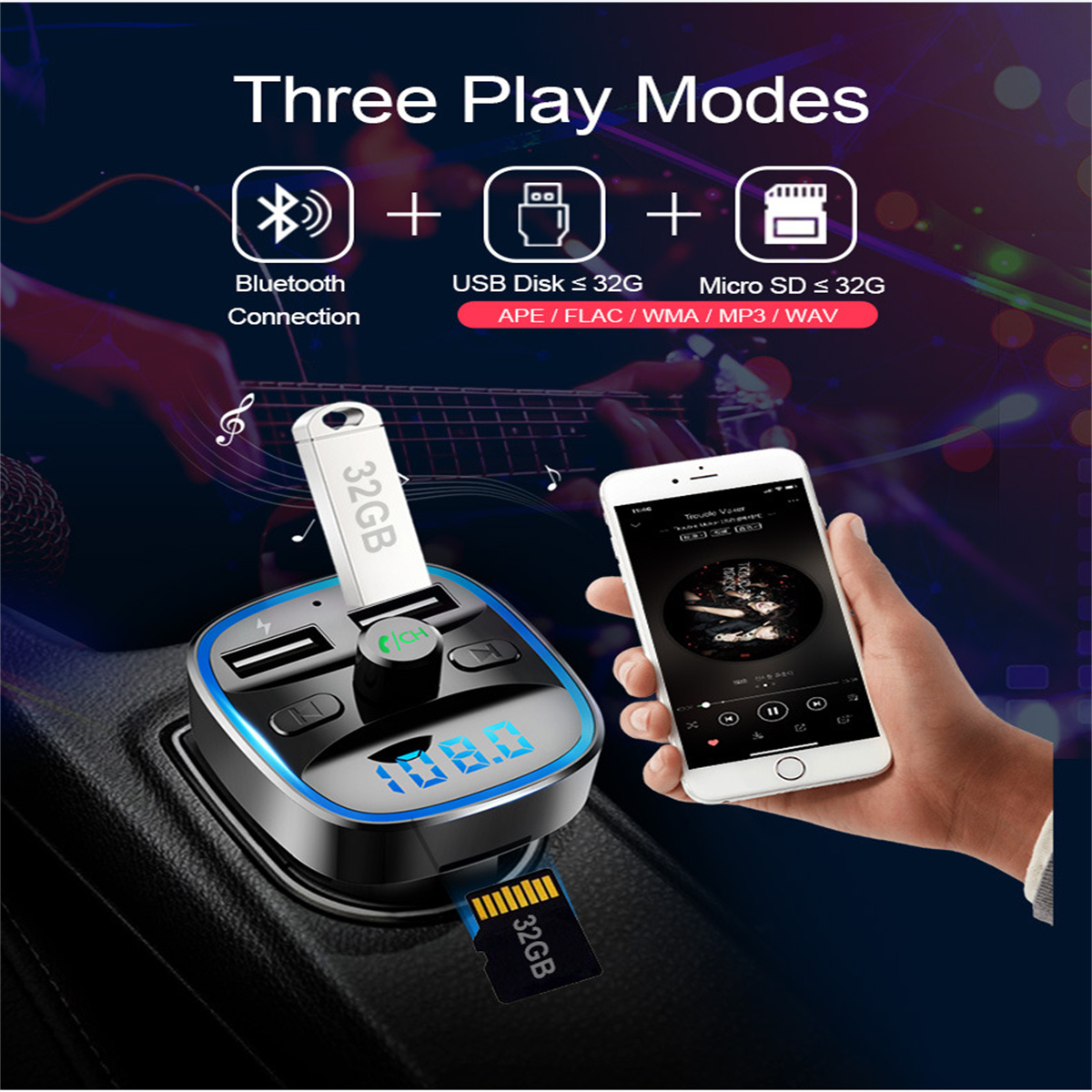 Autoladegerät mit USB- und SD-Kartensteckplätzen, Telefon, das Musik anzeigt, und Bluetooth-Verbindungs-Symbol.