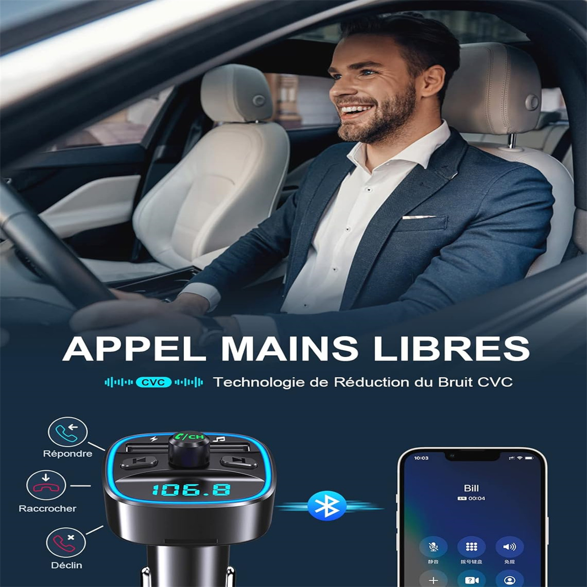 Ein Mann im Auto lächelt. Es gibt einen Bildschirm, der einen Anruf und eine Freisprecheinrichtung zeigt.