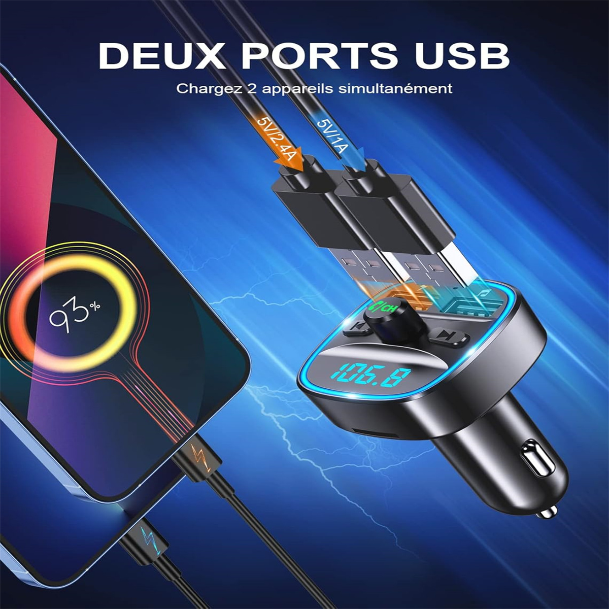 Autoladegerät mit zwei USB-Anschlüssen und Telefonladung, schwarzer Hintergrund.