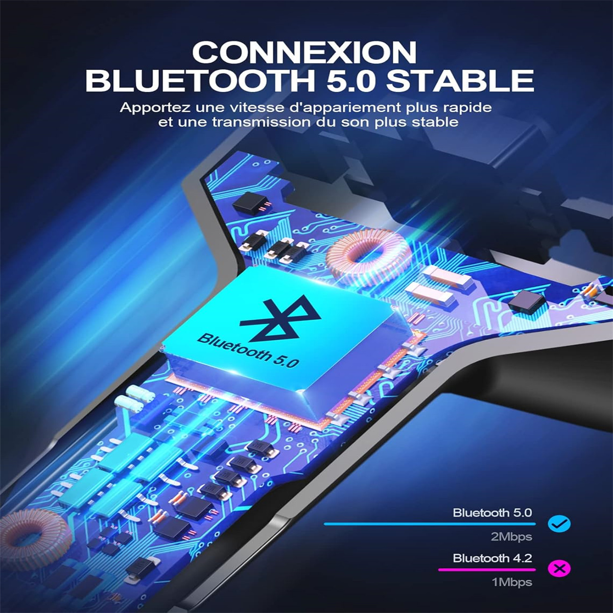 Nahaufnahme einer Leiterplatte mit Bluetooth 5.0 Logo und Text über schnelleres Pairing und stabilen Sound.