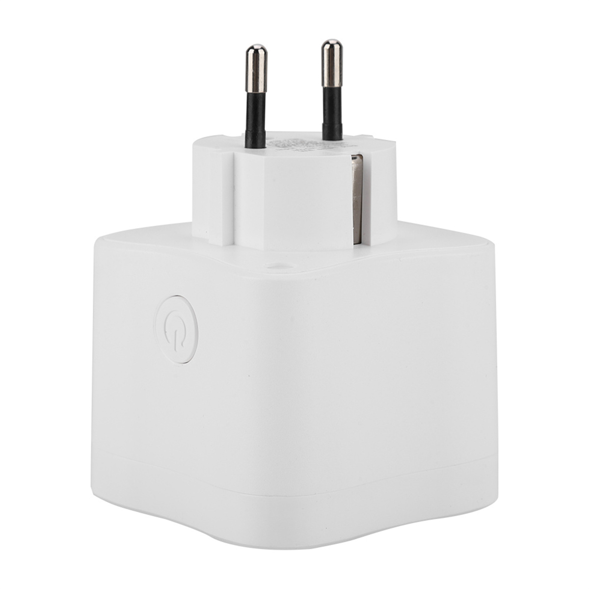 Weißer Smart Plug mit zwei Stiften. Weißer Hintergrund.