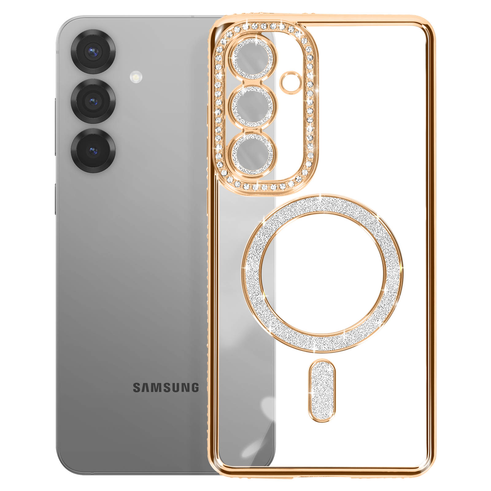 Custodia per telefono con cornice dorata e retro trasparente, strass attorno alla fotocamera e al cerchio.