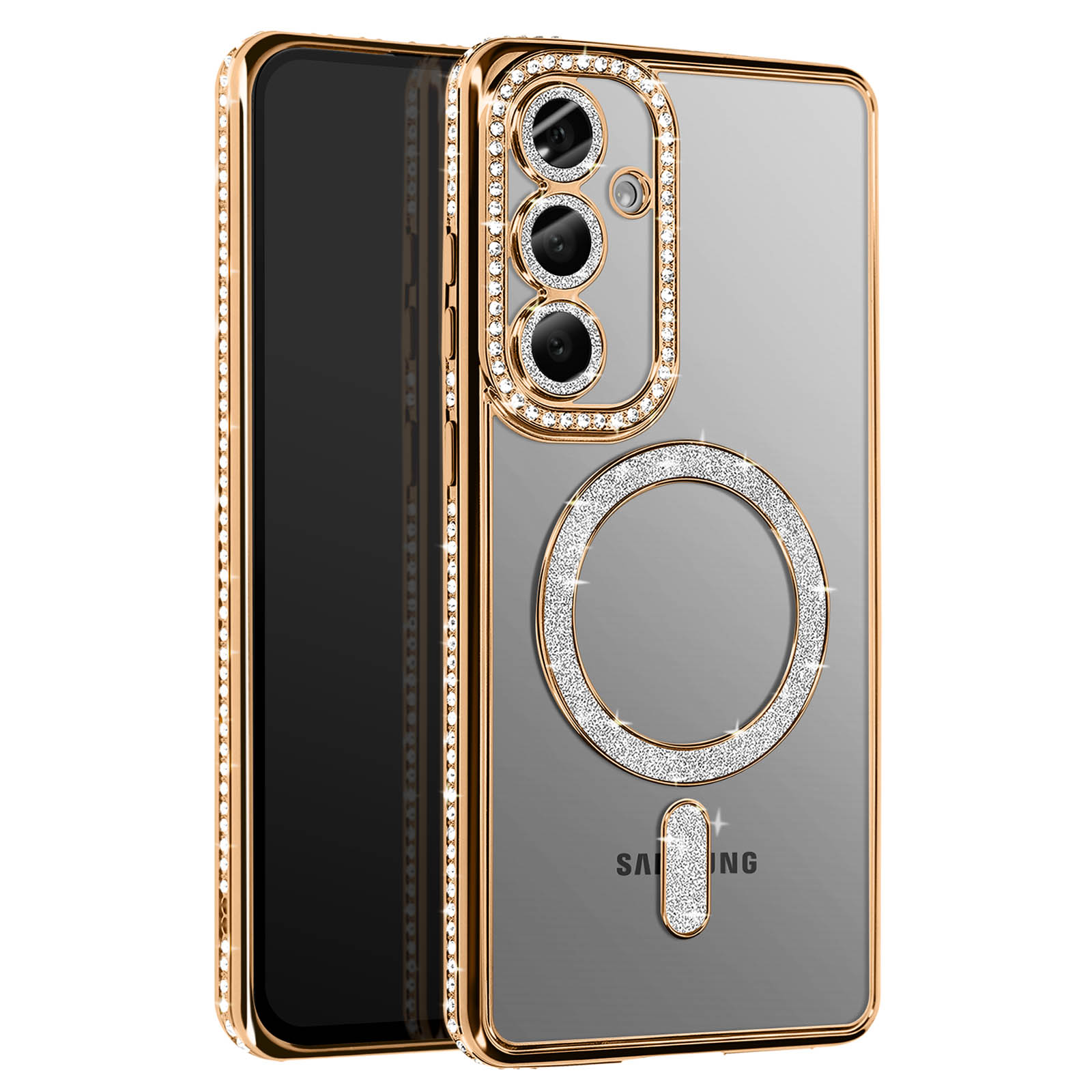 Una custodia per telefono con finiture dorate, strass e retro trasparente. Ha un cerchio per la ricarica del telefono.