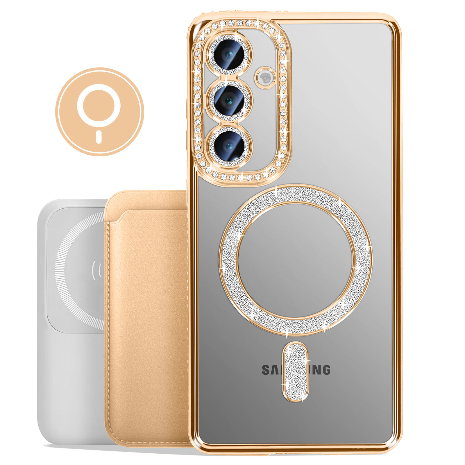 Una custodia per telefono con cornice dorata e retro trasparente. Ha un porta anello e un porta carte.