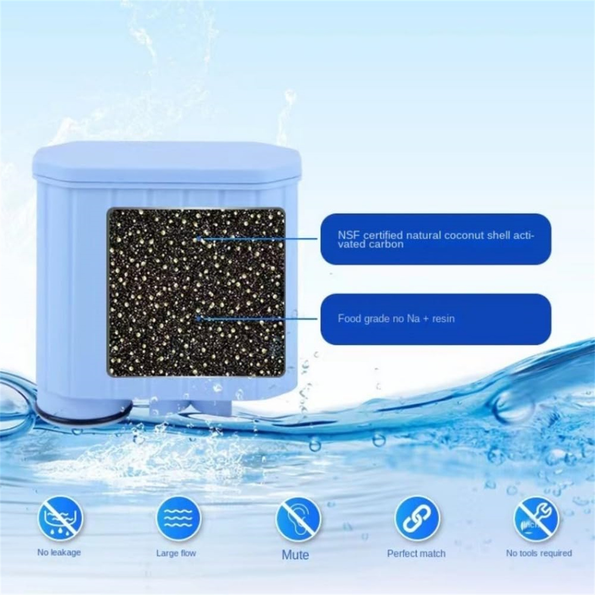 Ein hellblauer Wasserfilter mit einem schwarzen Filter im Inneren und einigen Symbolen darunter.