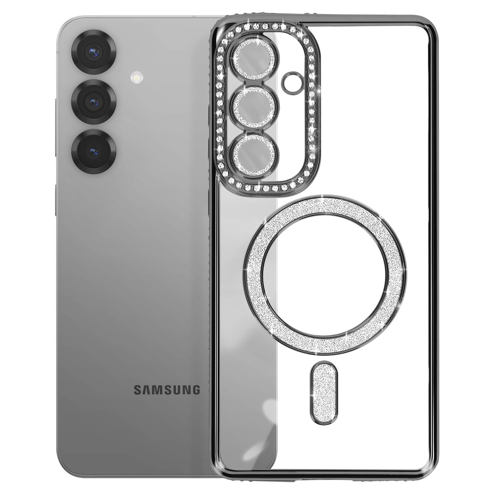 Un telefono argentato con custodia trasparente. La custodia ha un anello di strass attorno alla fotocamera e all'area di ricarica.