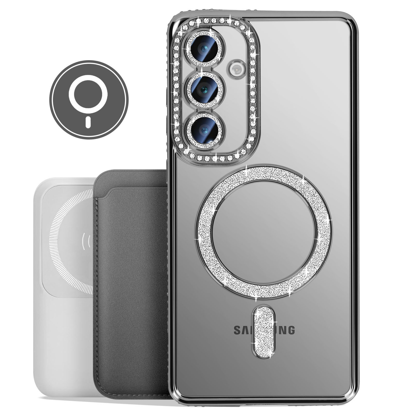Custodia trasparente per telefono con strass attorno alla fotocamera, un telefono e un portafoglio.