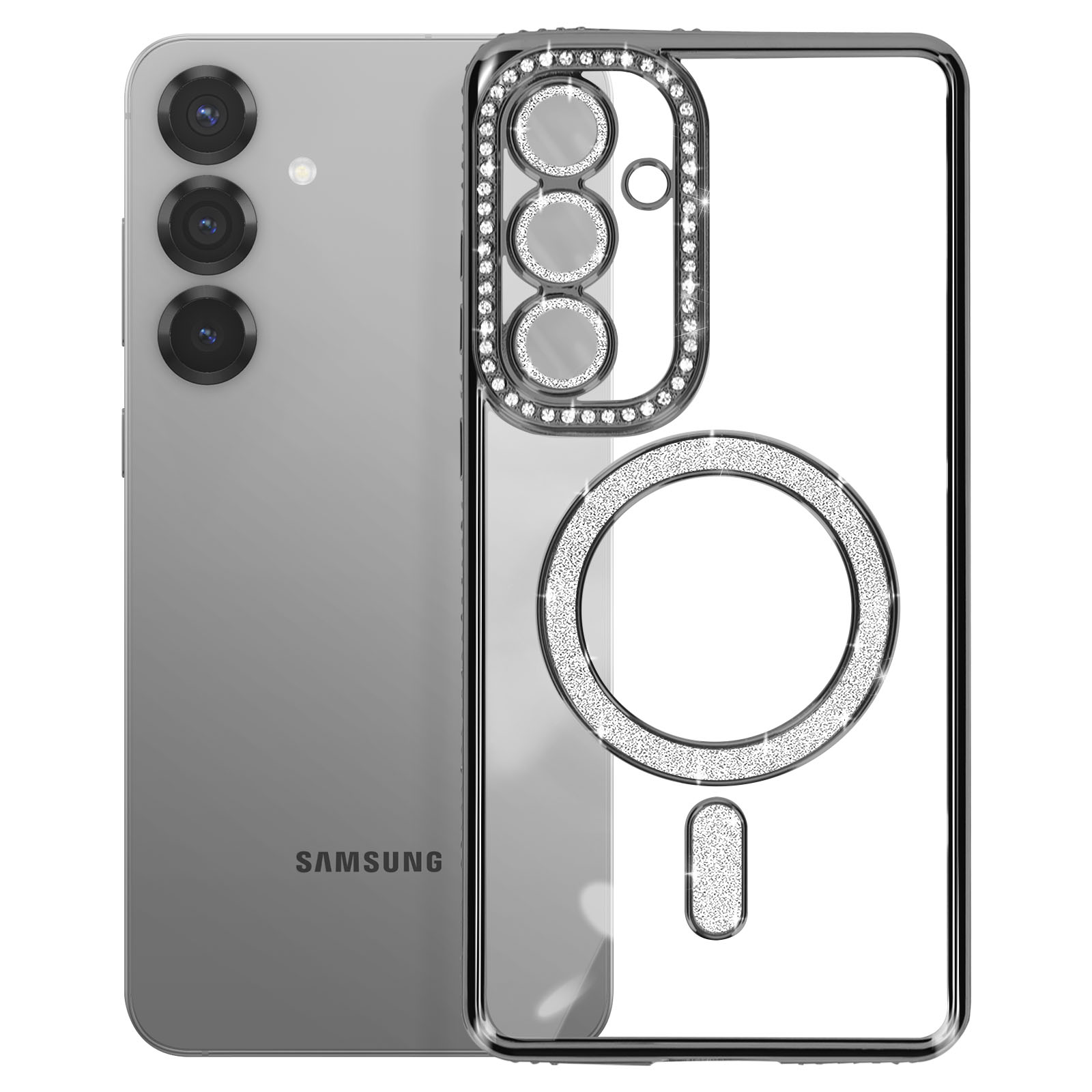 Telefono argentato con custodia trasparente decorata con strass.