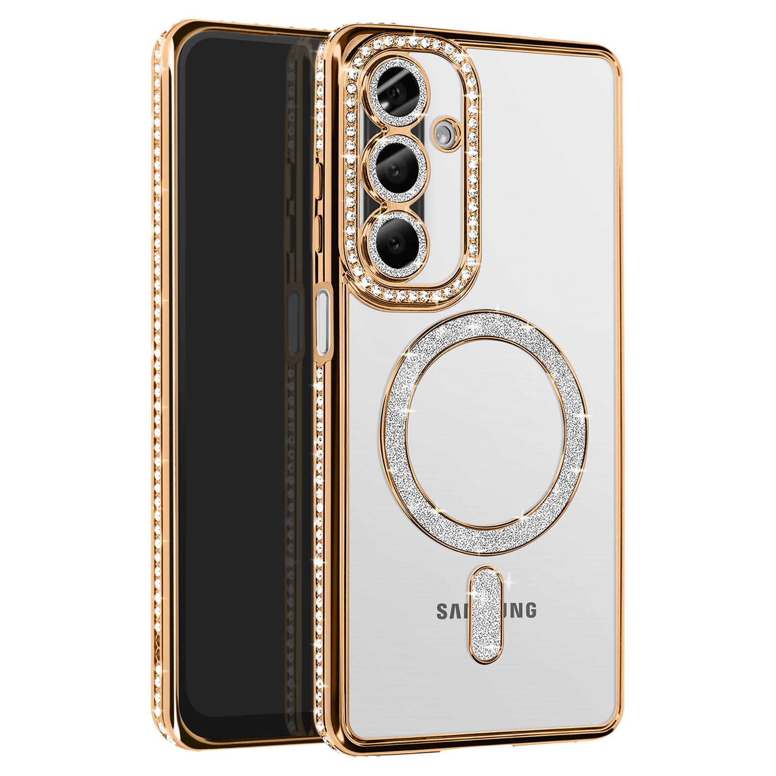 Custodia per telefono oro e trasparente con strass. Tre lenti e un anello.
