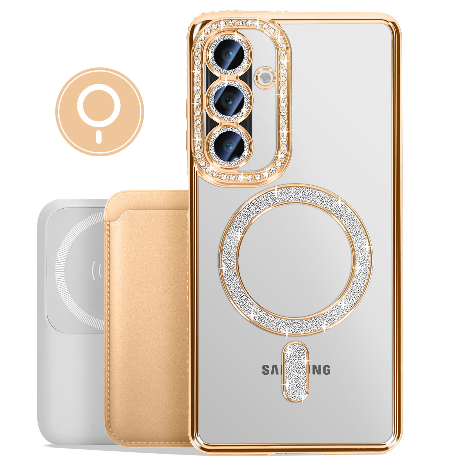 Una custodia per telefono con un'area fotocamera tempestata di diamanti e un cerchio, con un portafoglio magnetico. Colore oro.