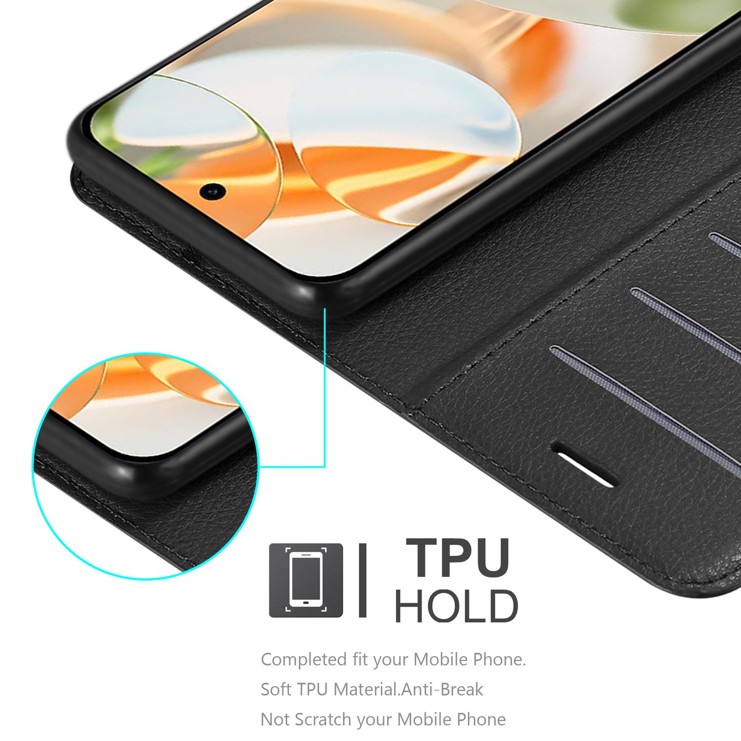 Nahaufnahme einer schwarzen Handyhülle mit Telefon, TPU-Halteetikett sichtbar.