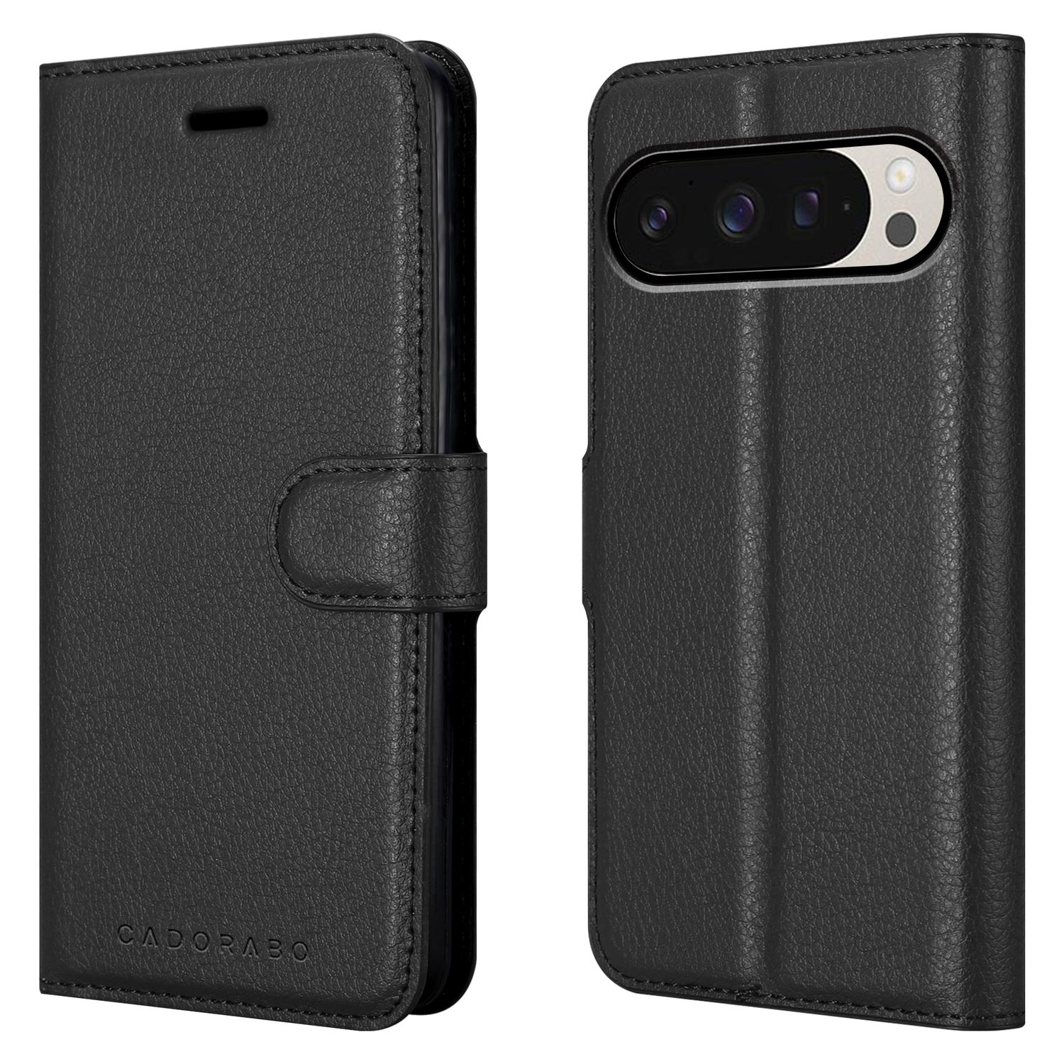 Schwarze Leder-Handyhülle, offen und geschlossen, zeigt das Telefon und die Rückkamera des Telefons.