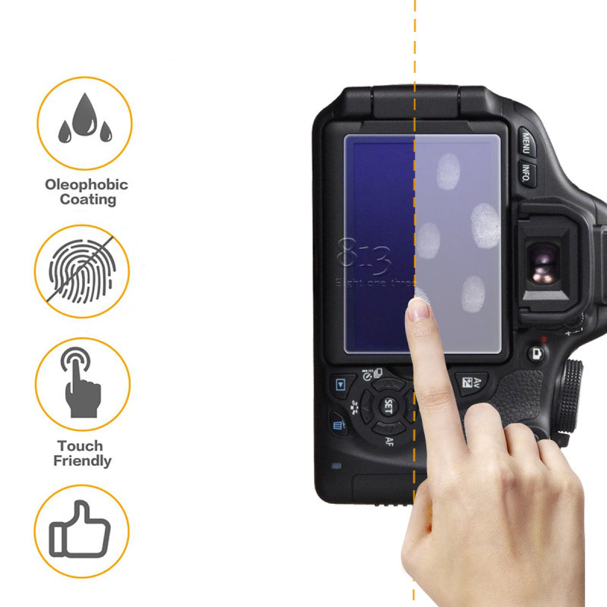Ein Finger berührt einen Telefonbildschirm mit Fingerabdrücken und Symbolen links.