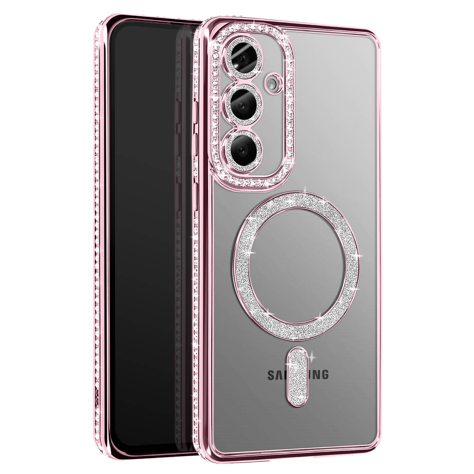 Una custodia rosa tempestata di gioielli con retro trasparente. Ha un anello, tre lenti della fotocamera e un telefono.