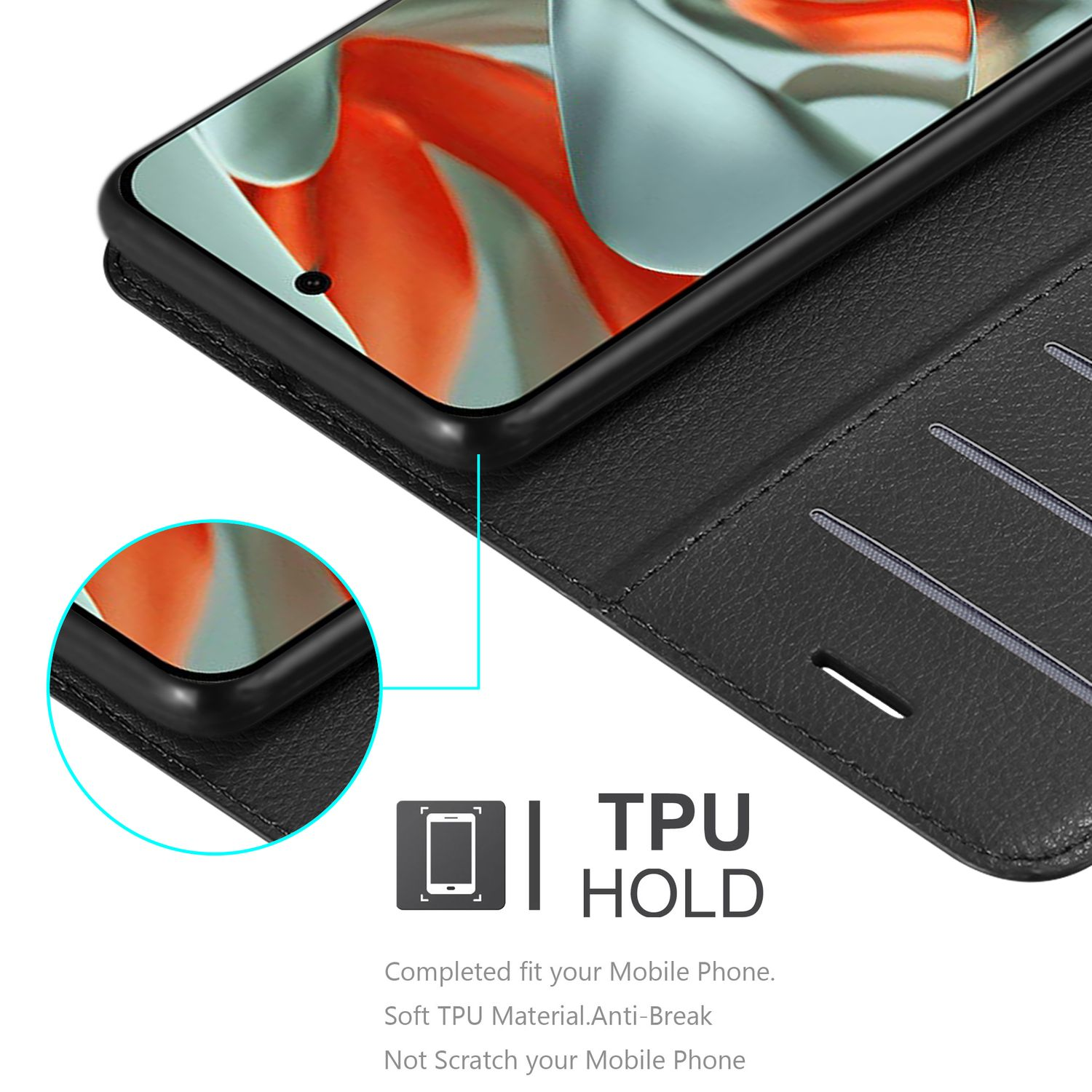 Schwarze Handyhülle mit Telefon, Detailansicht von TPU HOLD.