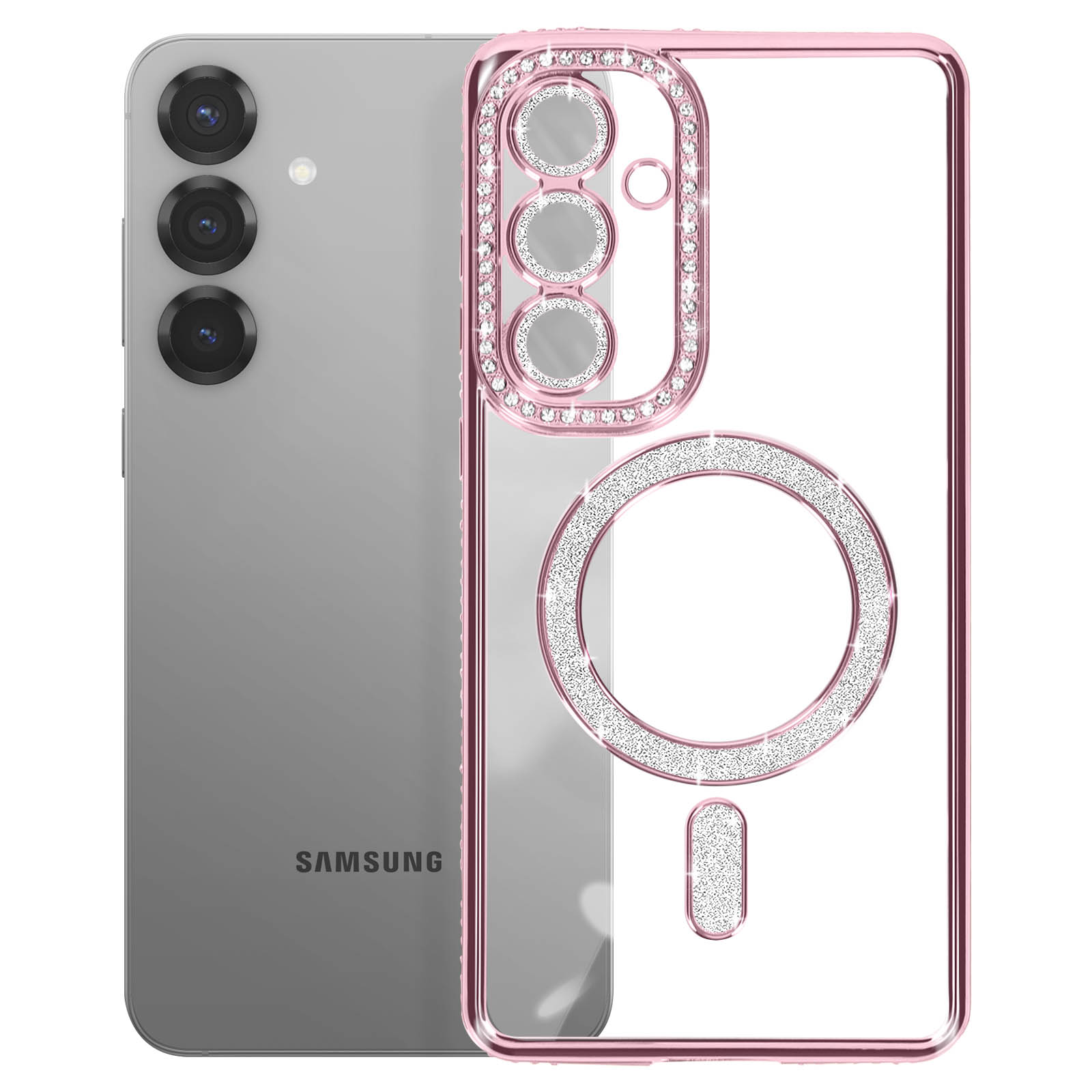 Custodia rosa per telefono con cornice argentata e cristalli intorno alla fotocamera. Telefono argento.