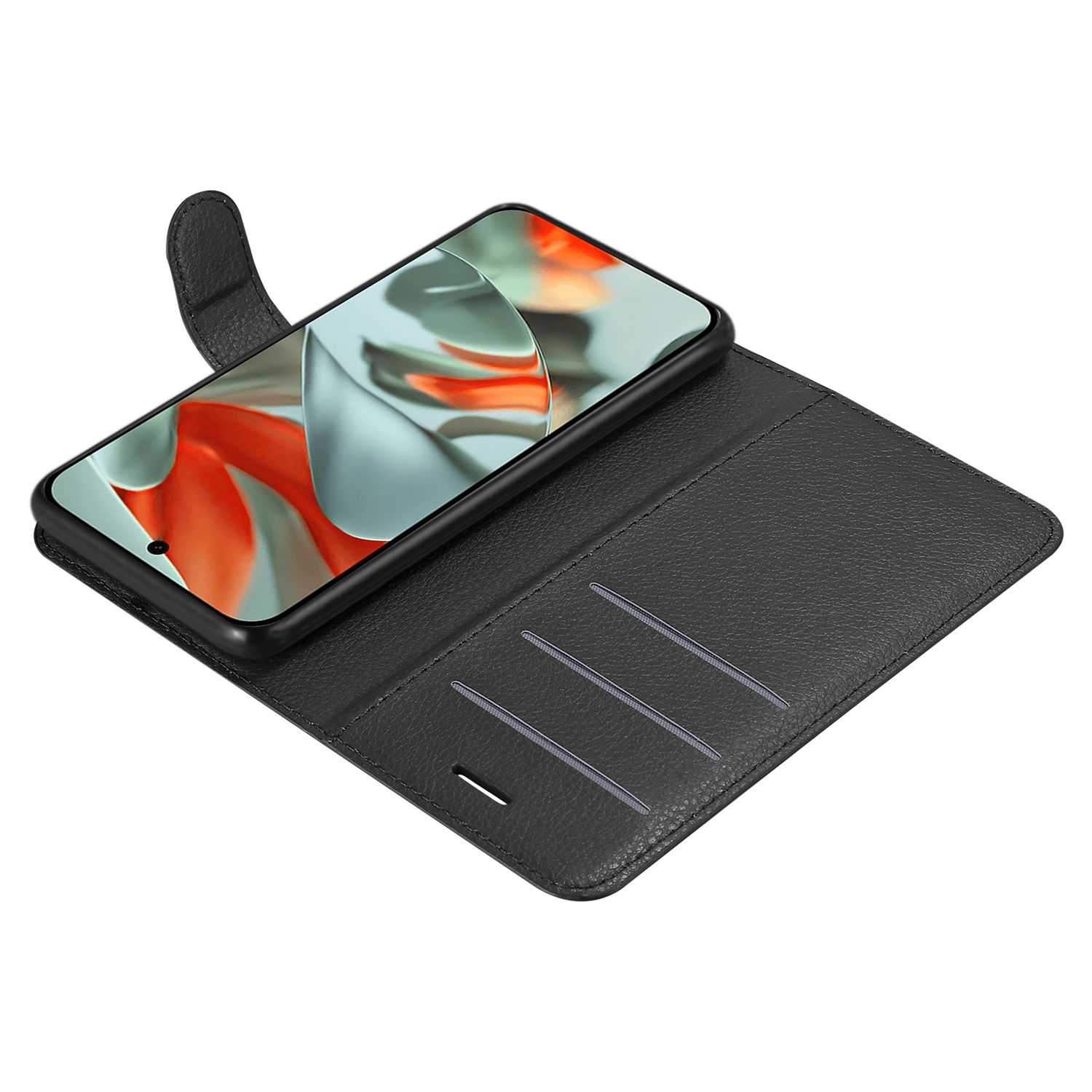 Eine schwarze Handyhülle mit einem Telefon darin. Das Telefon zeigt ein lebendiges rot-weißes Bild.