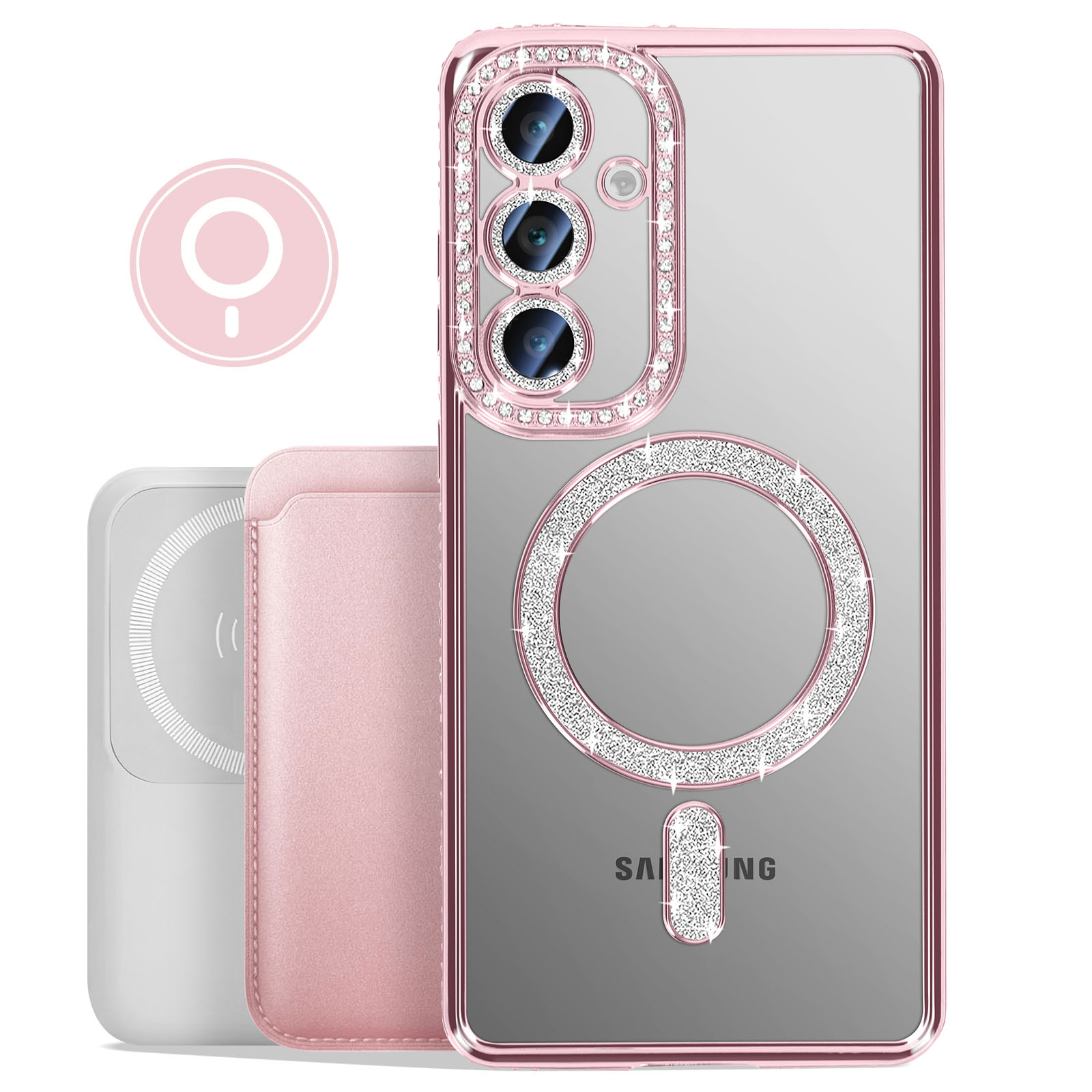 Una custodia rosa per telefono con retro trasparente e strass attorno alla fotocamera e un cerchio MagSafe.
