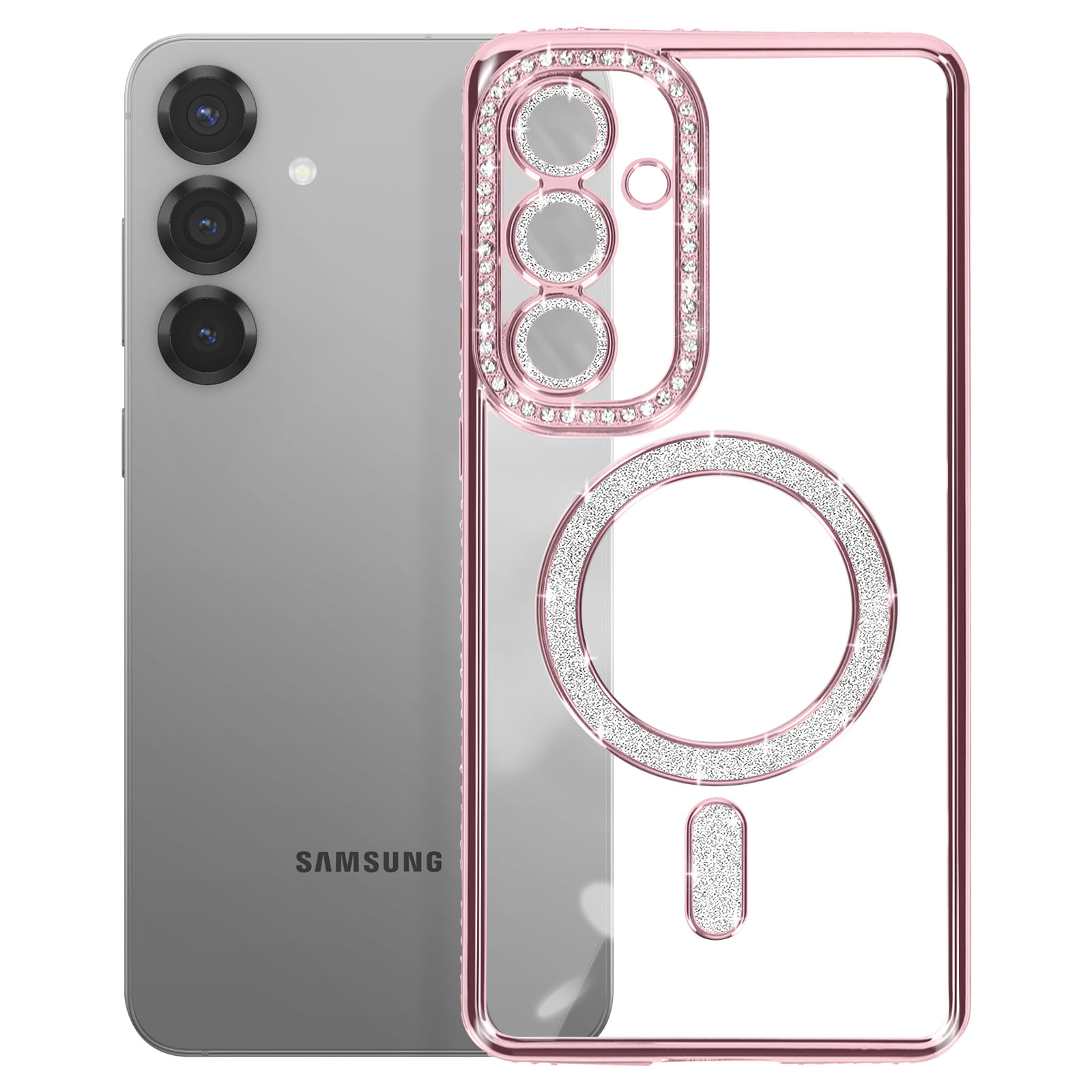 Custodia rosa con gioielli per telefono con telefono dentro, su sfondo bianco.