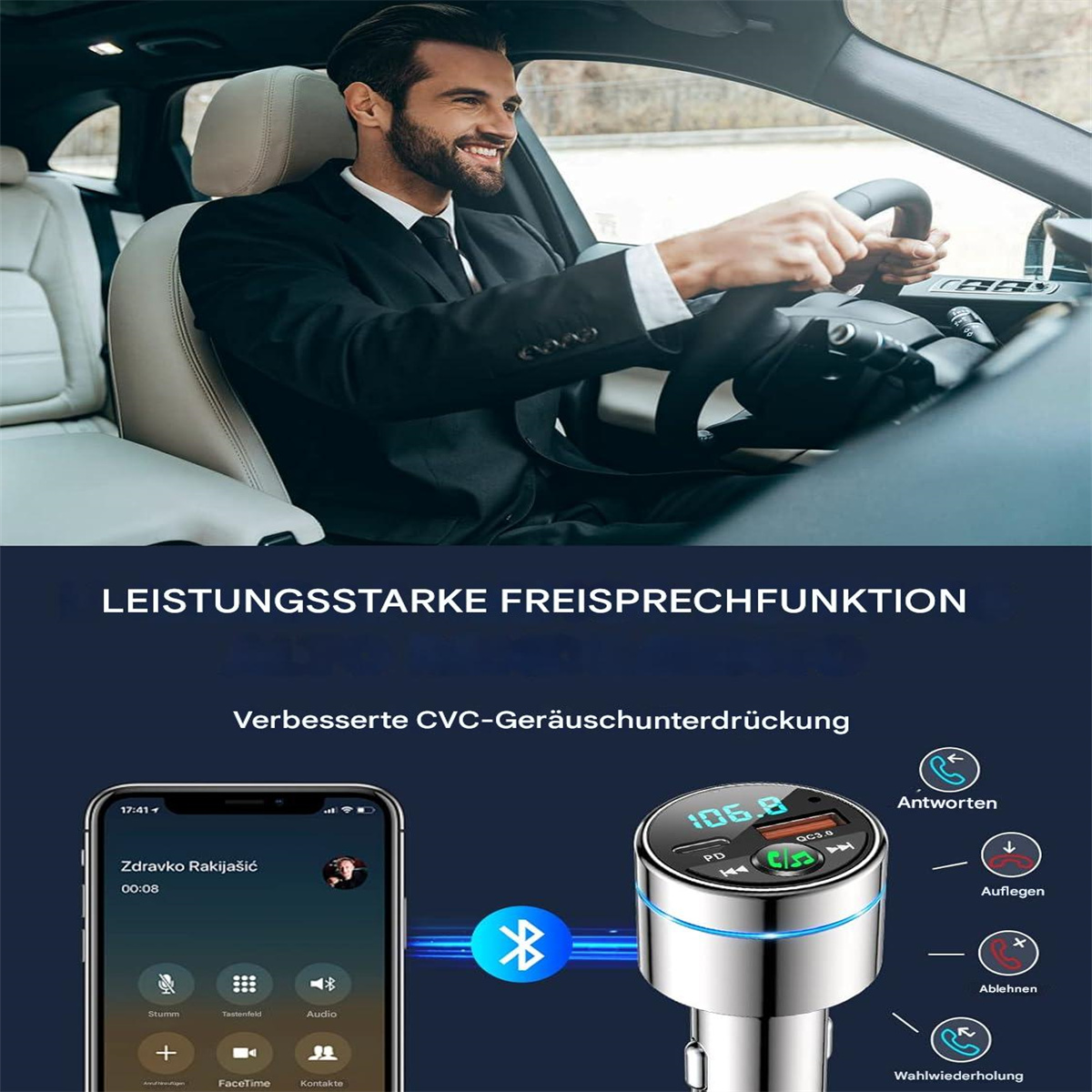 Autoinstrumententafel mit Telefonanrufschnittstelle, Bluetooth-Verbindung und UKW-Sender mit Anzeige.