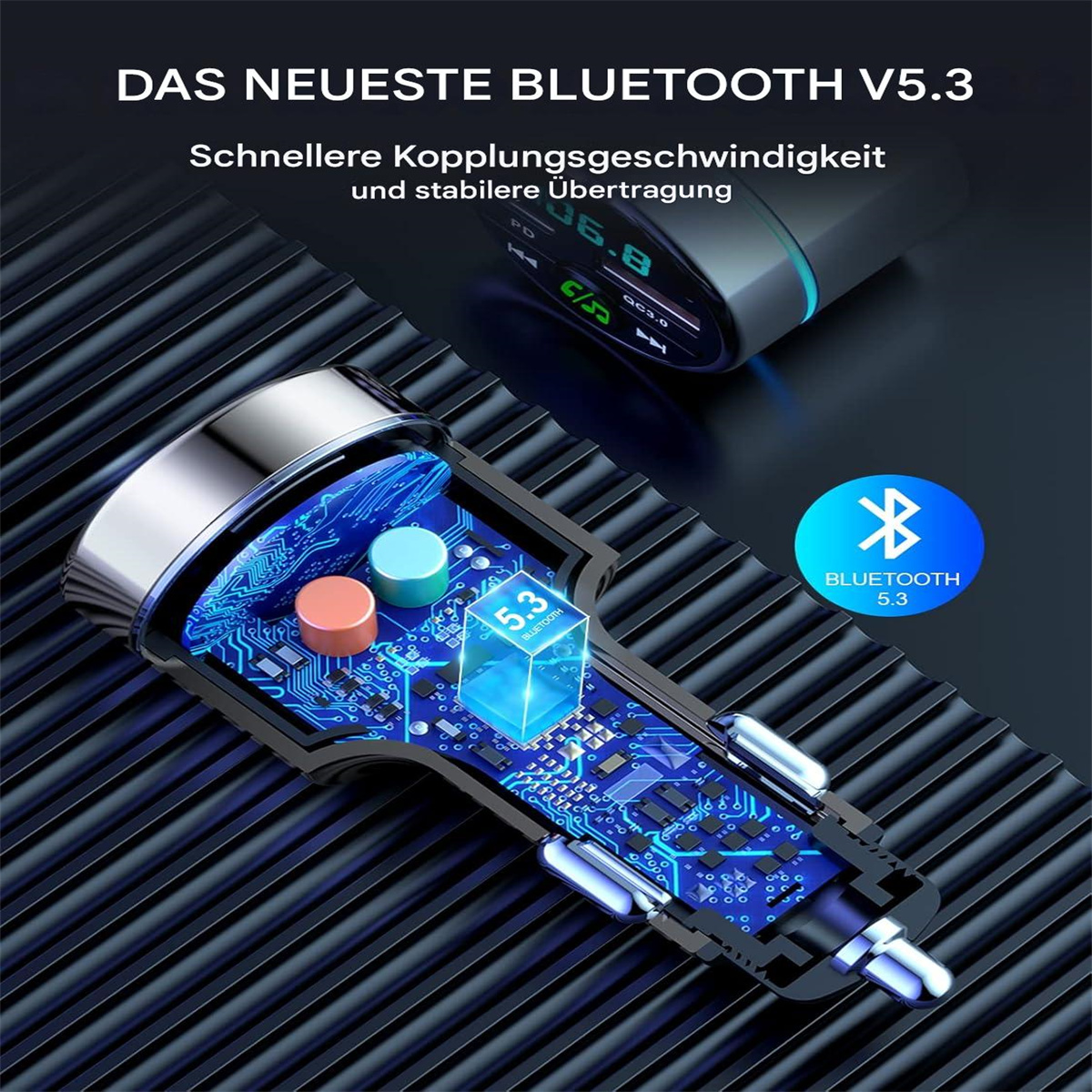 Kfz-Ladegerät mit Bluetooth 5.3 Details und blau beleuchtetem Innenkreis.