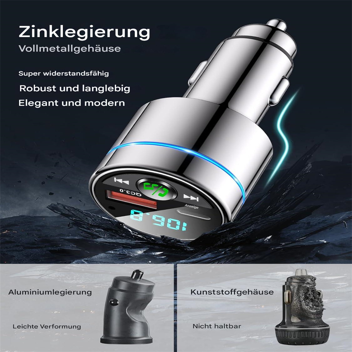 Ein silbernes Autoladegerät mit Bildschirm und zwei Beispielen, mit Text über das Produkt.
