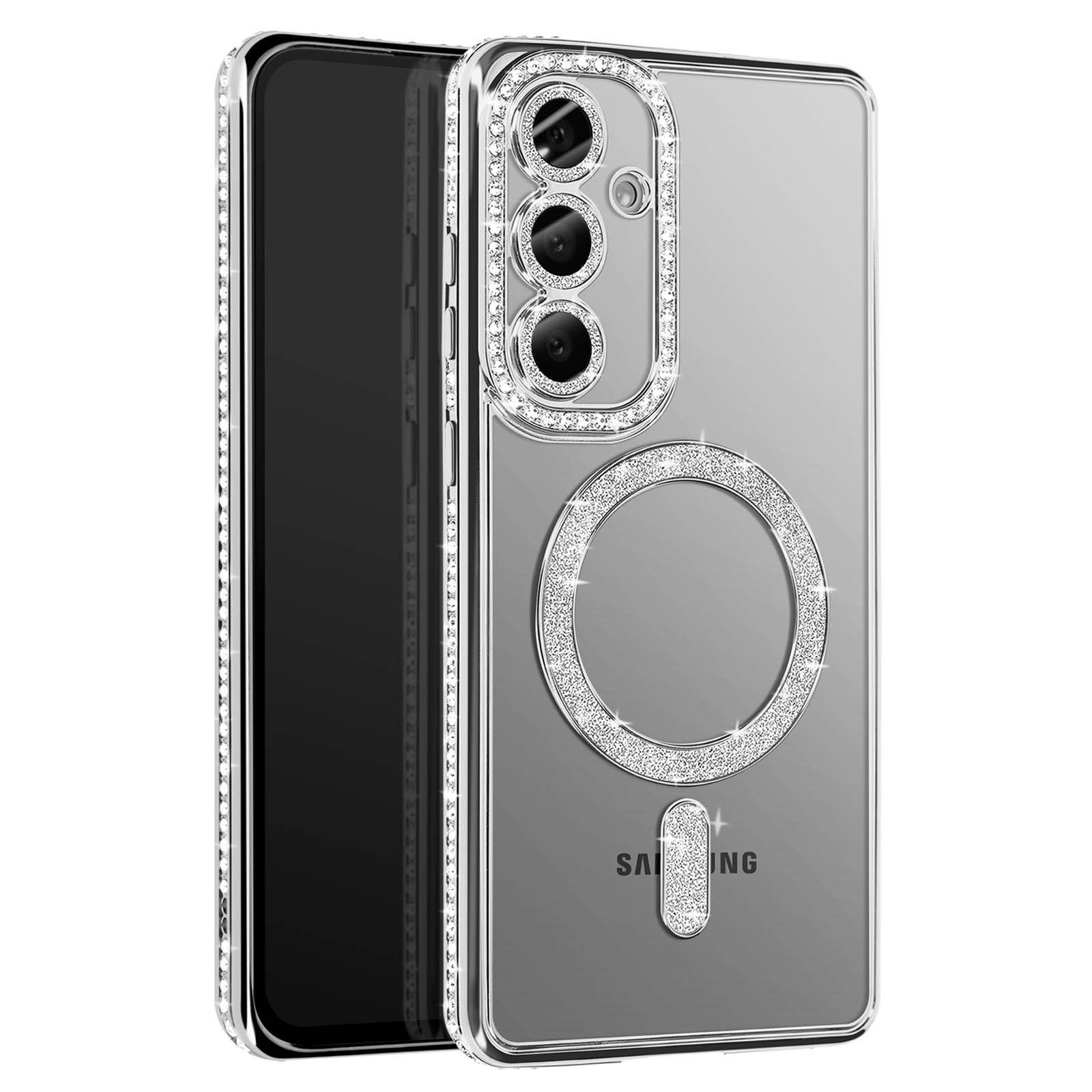 Custodia trasparente per telefono con strass, mostra un telefono con il logo Samsung.