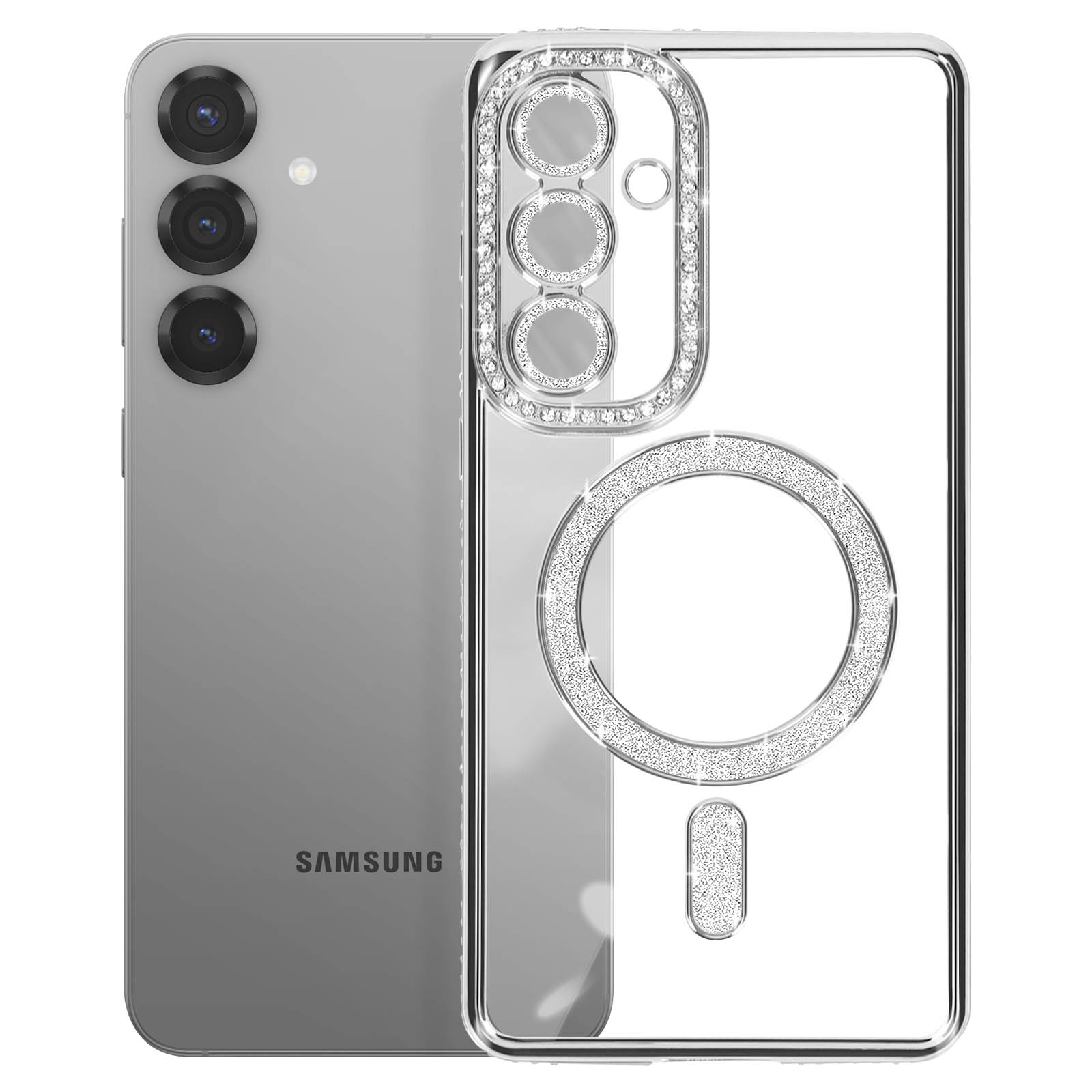 Custodia per telefono argentata con strass, vista anteriore e posteriore. Testo: SAMSUNG.