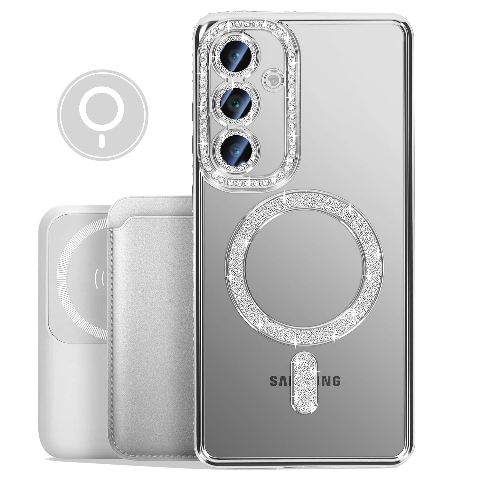 Custodia per telefono argentata con diamanti incastonati. La custodia ha un'apertura per la fotocamera e un cerchio di ricarica.