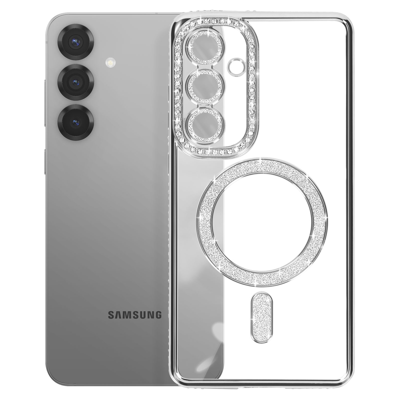 Telefono argentato con custodia trasparente tempestata di strass. Obiettivi multipli della fotocamera.