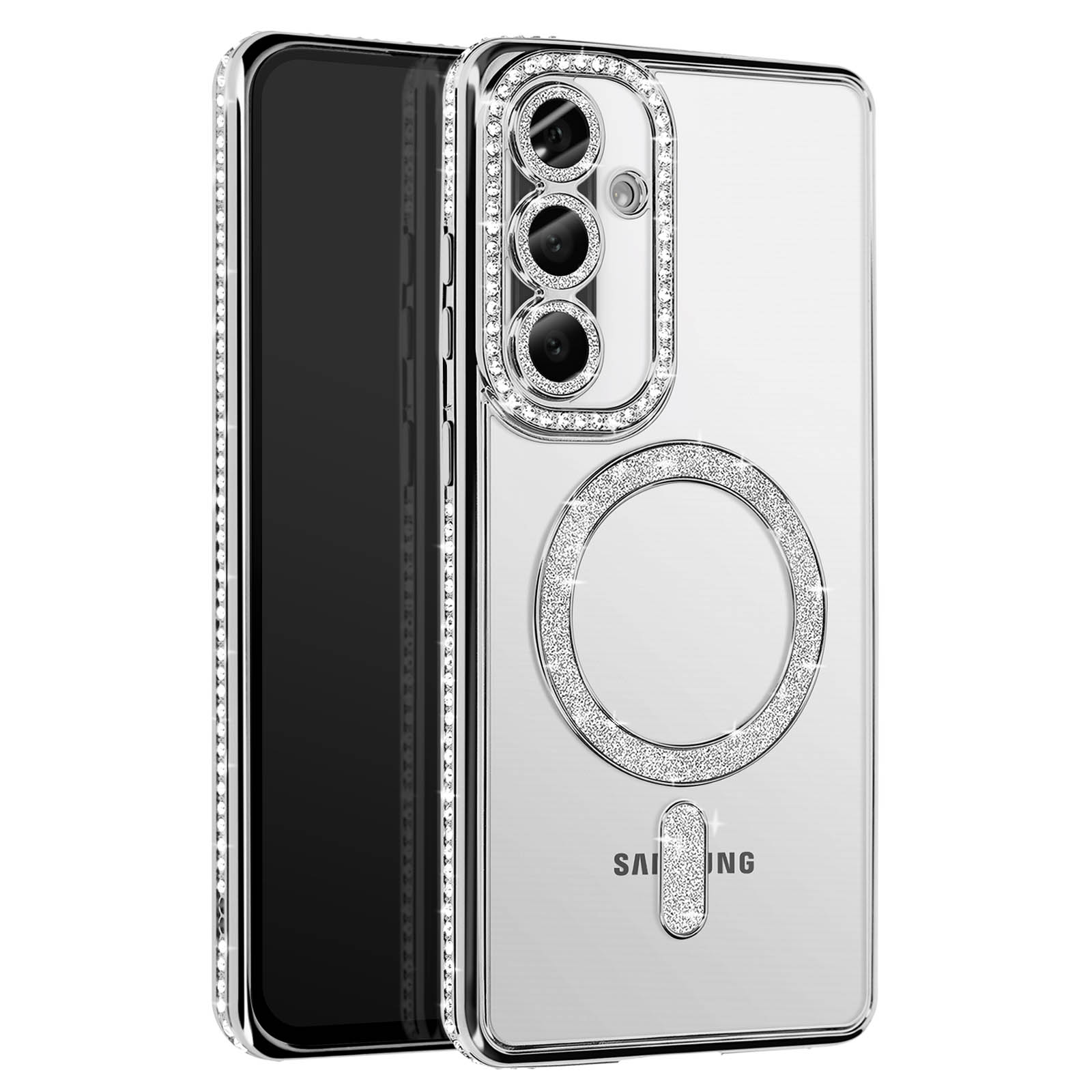 Une coque de téléphone transparente avec des strass incrustés sur les bords et la zone de la caméra. Un téléphone est à l'intérieur.
