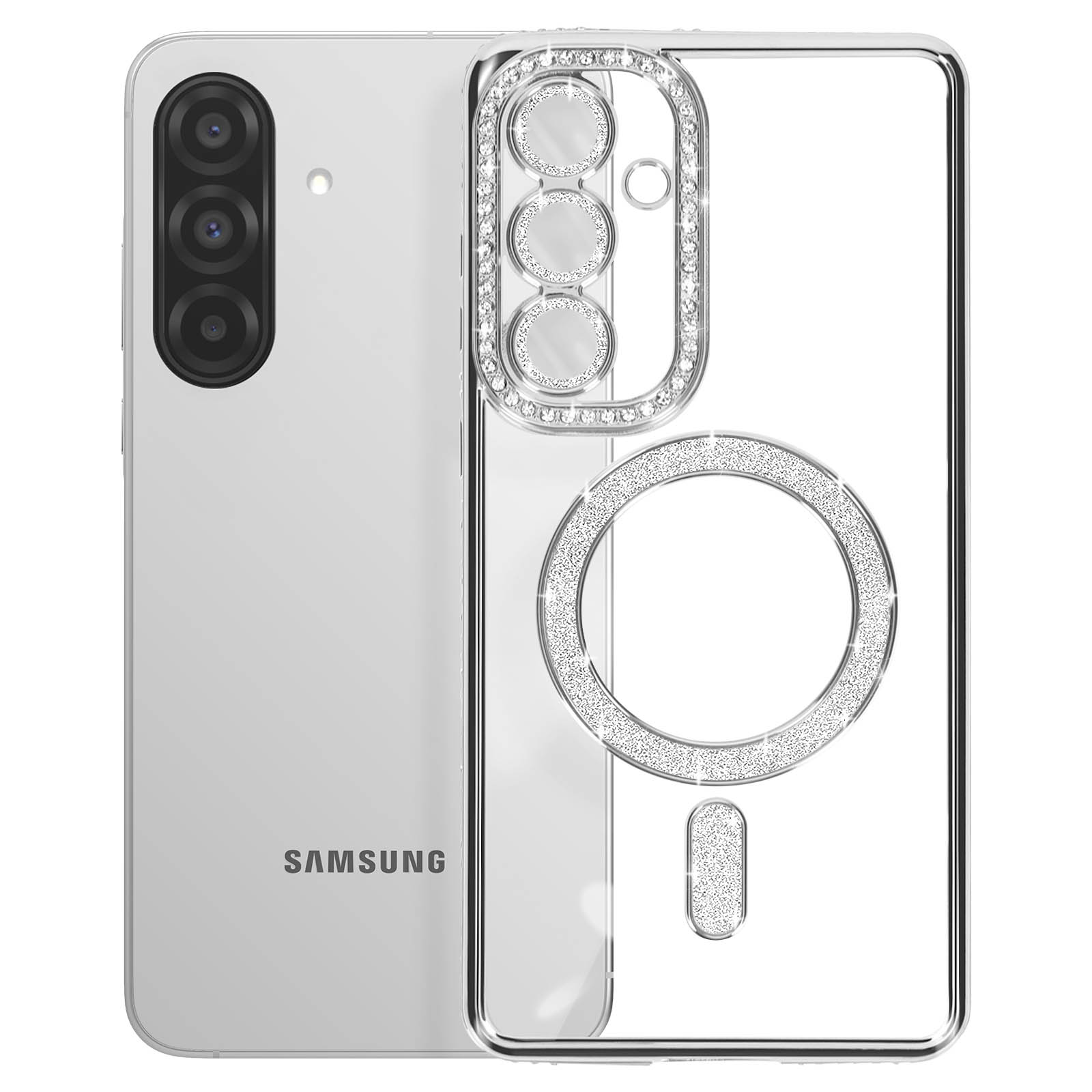 Coque de téléphone blanche avec des embellissements argentés sur fond blanc.