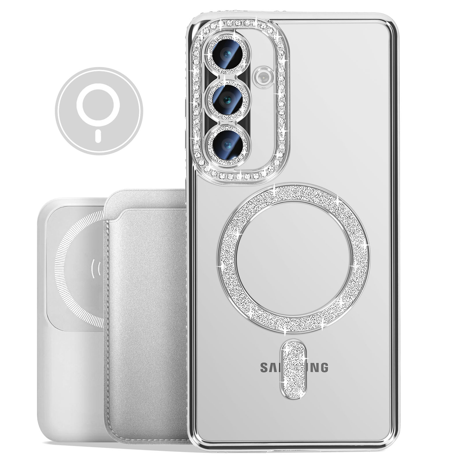 Coque de téléphone transparente avec strass argentés autour de la caméra.