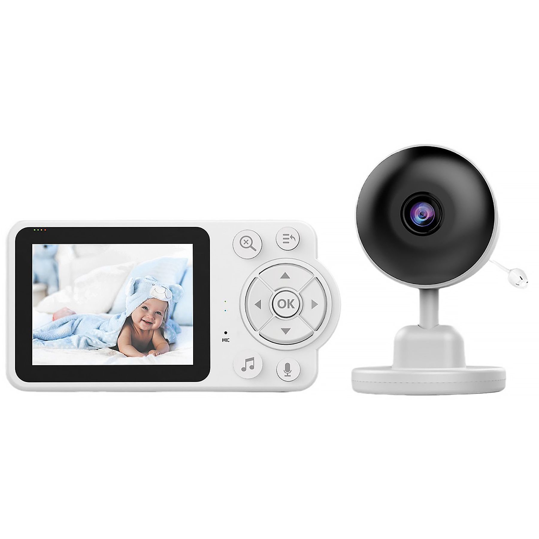 Ein Babyphone mit Bildschirm, der ein Baby zeigt, und eine Kamera. Beide sind weiß und schwarz.