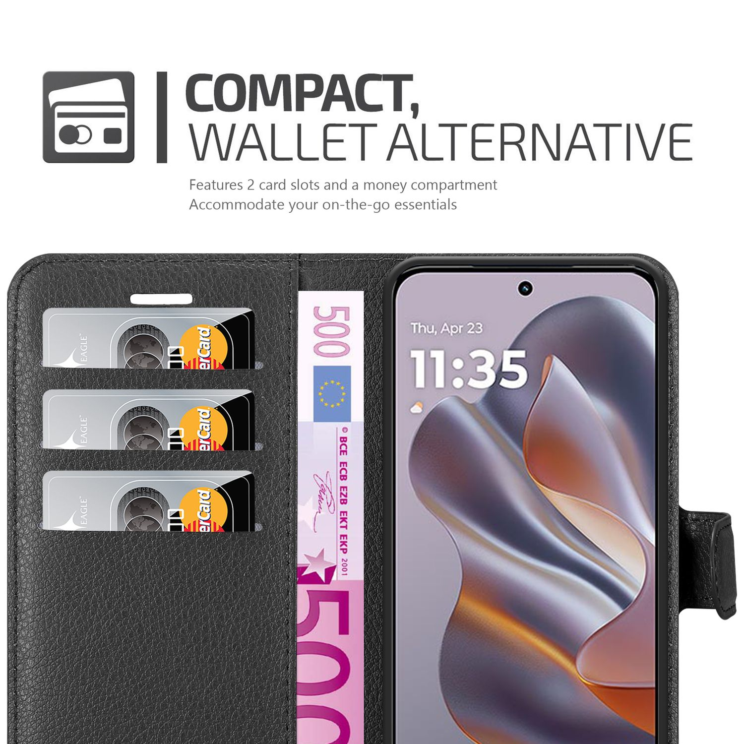 Schwarze Handy-Geldbörsenhülle mit drei Kartenfächern, einem 500-Euro-Schein und einem Handy mit Uhrzeit.