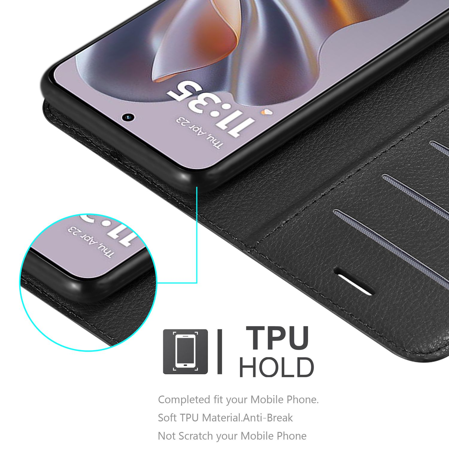 Schwarze Handyhülle mit Telefon. Text zeigt TPU HOLD und beschreibt die Hülle.