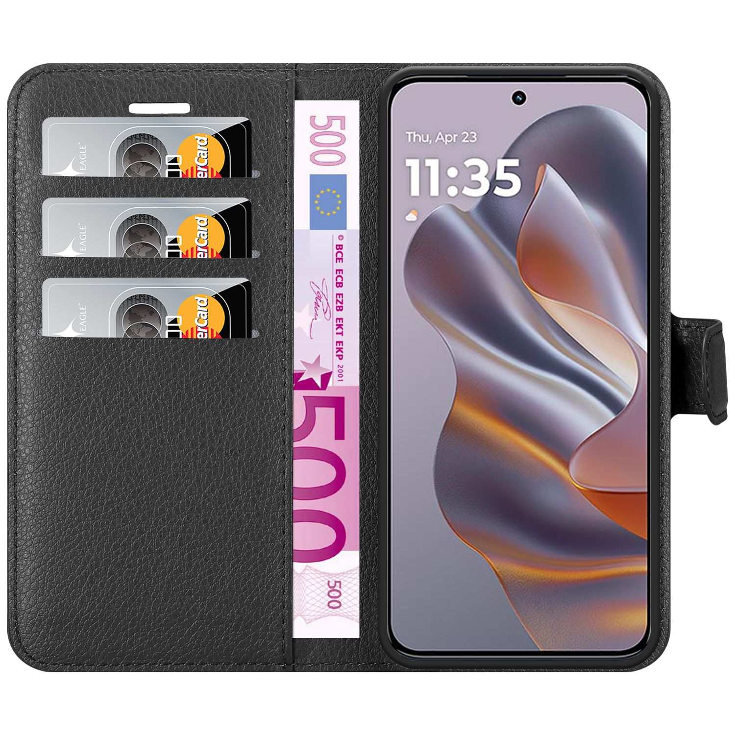 Eine schwarze Handyhülle mit Telefon und Euro-Banknoten. Auf der linken Seite befinden sich drei Kartenfächer.