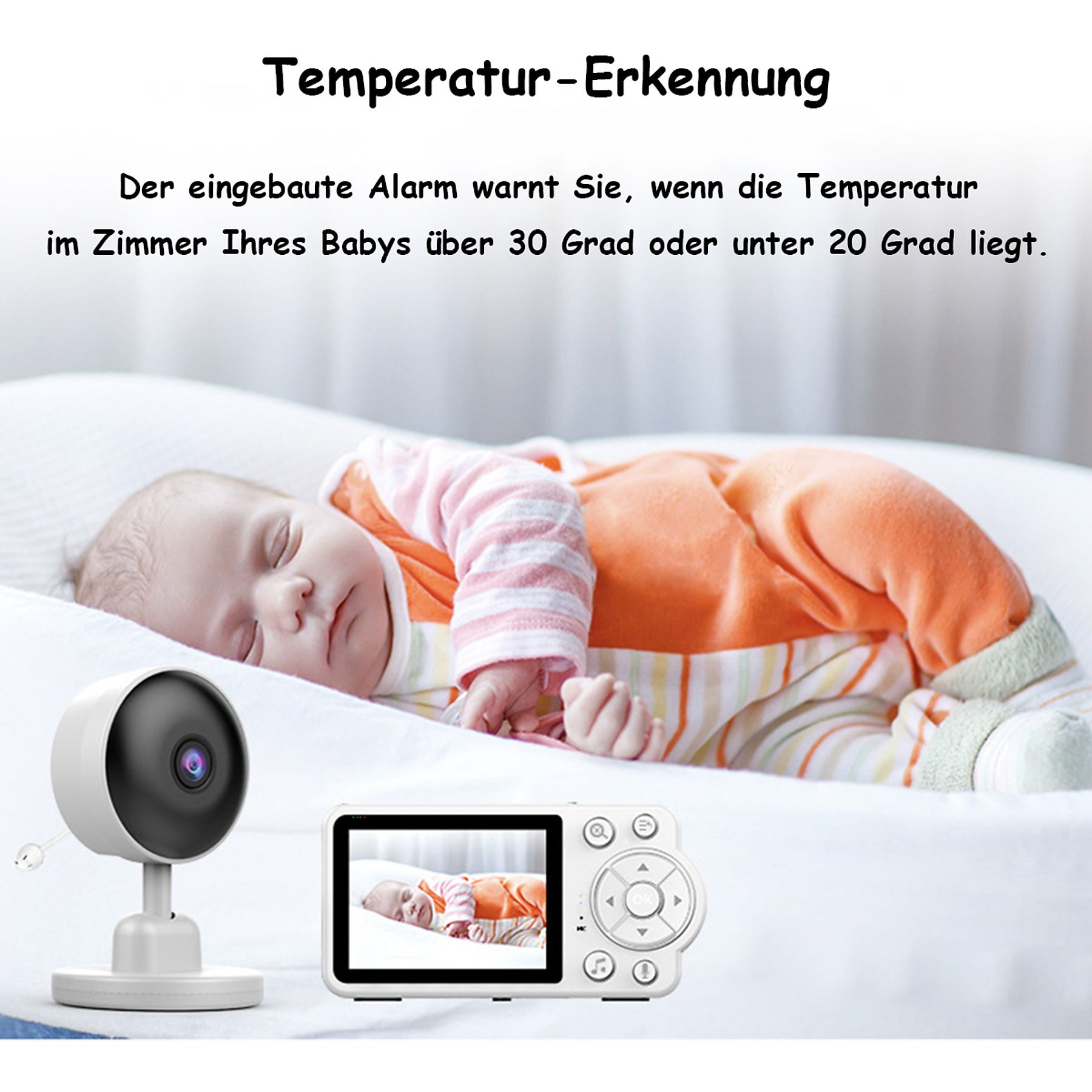 Ein Babyphone zeigt ein schlafendes Baby. Text besagt, dass der Alarm warnt, wenn die Raumtemp. über 30°C oder unter 20°C liegt.