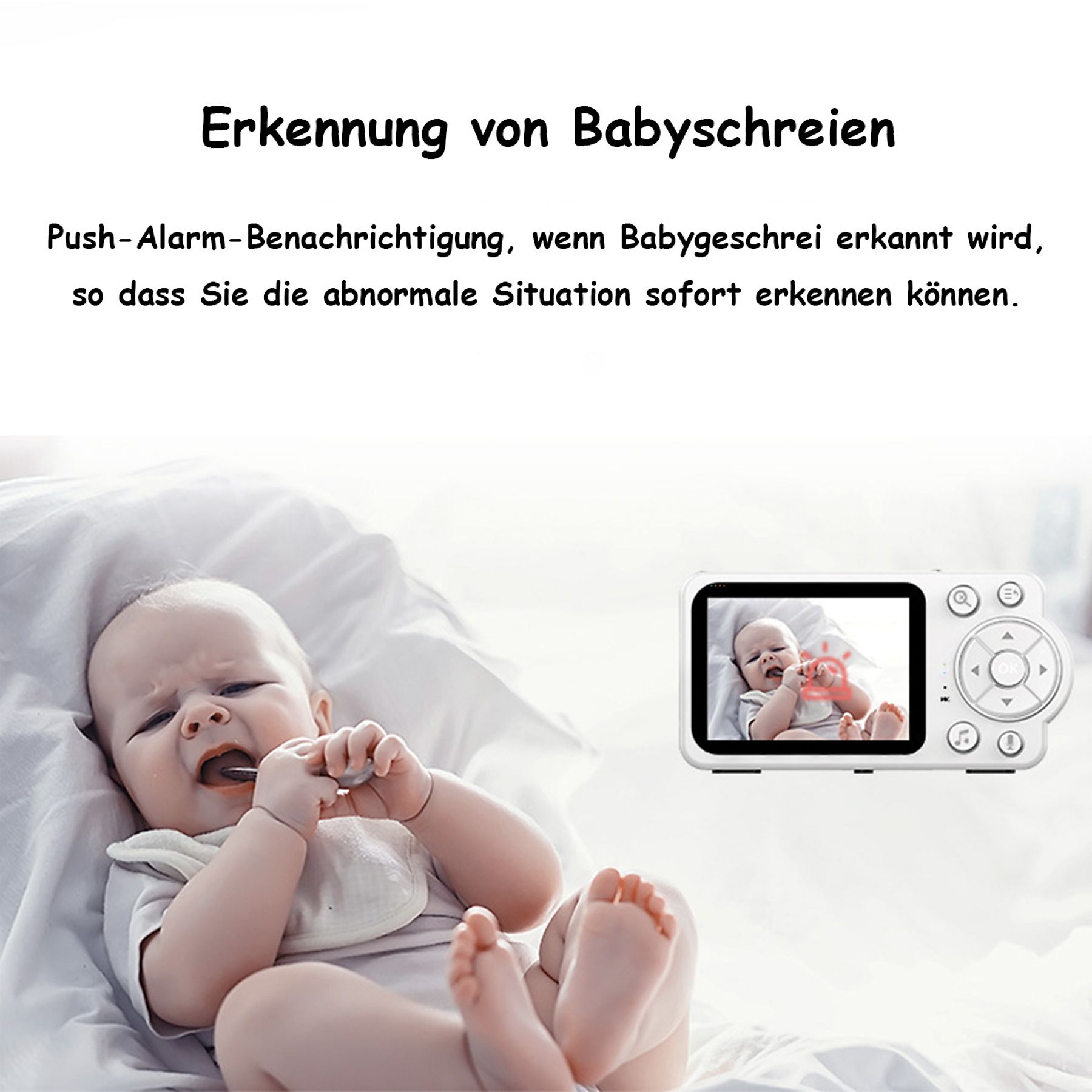 Weinendes Baby mit einem Babyphone, das das Bild des Babys zeigt.