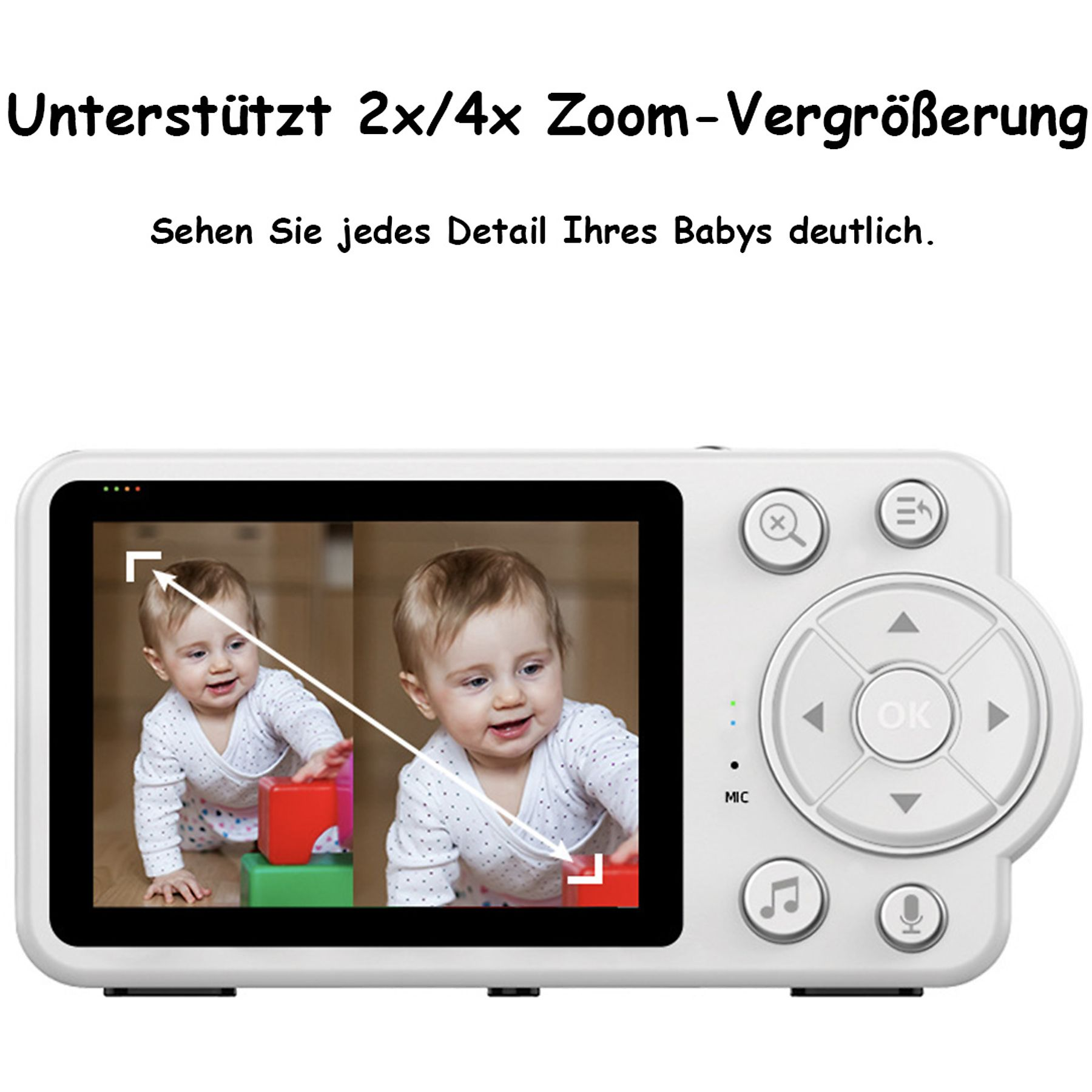 Weißer Babyphone mit Bildschirm, der zwei Babys zeigt, und Steuertasten rechts.
