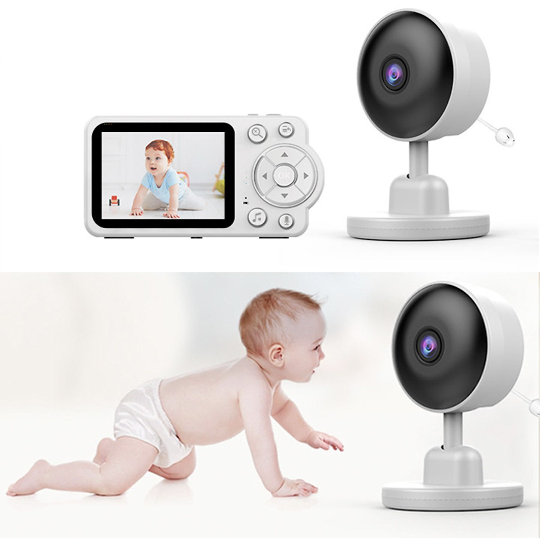 Babyphone mit Baby auf dem Bildschirm und einer anderen Einheit. Baby krabbelt.