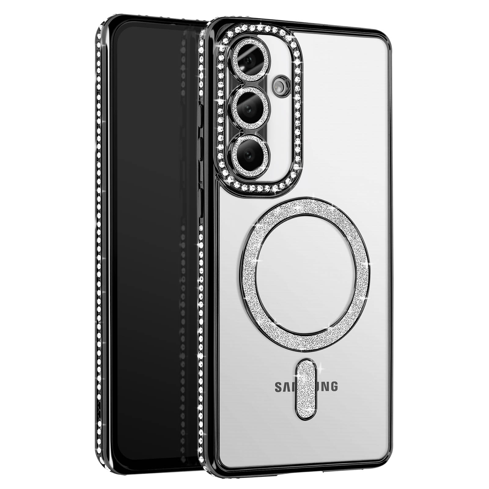 Coque de téléphone transparente avec strass autour du cadre et autour de la zone de la caméra, sur fond blanc.