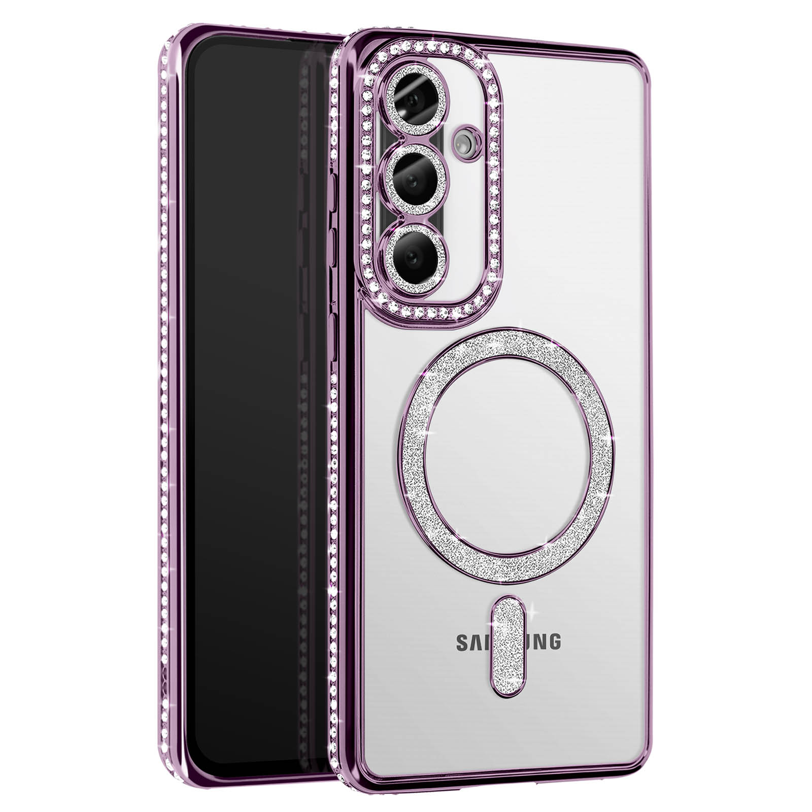 Coque de téléphone transparente avec strass et un support d'anneau, entourant la caméra du téléphone.