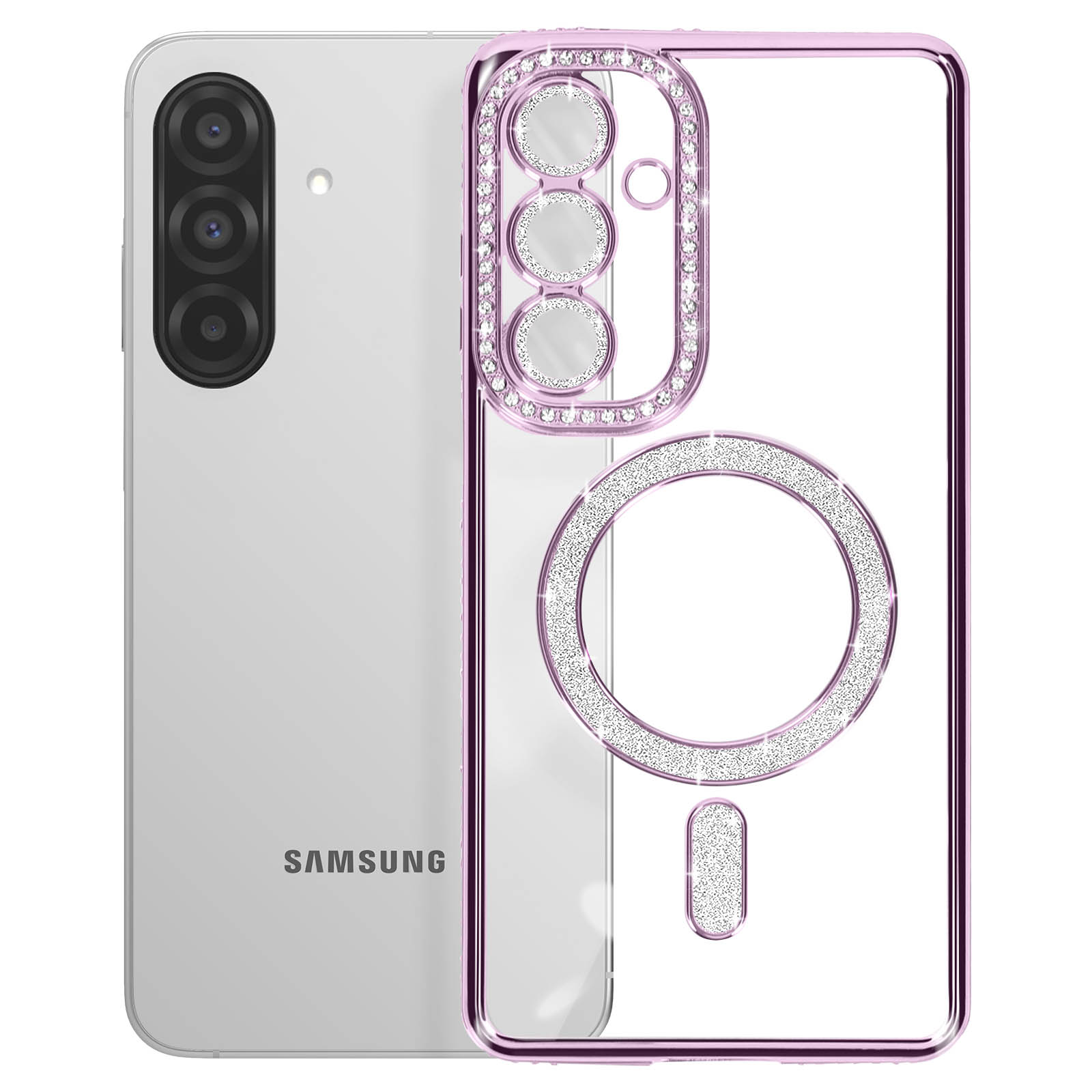 Una custodia per telefono con retro trasparente e cornice rosa, con un design scintillante attorno alle fotocamere.